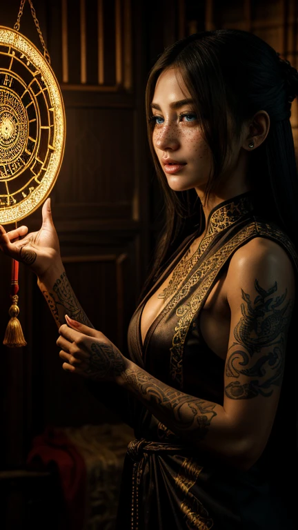 An Asian witch spirit, Malaysian woman, age 35, long hair, extensive tattoos (dragon motif), evil body jewelry, woman wearing a long maxi wrap dress with trumpet sleeves made of silk and lace fabric embroidered with many Asian patterns, glowing eyes, and an unholy aura , she laughs cruelly, She floats above a glowing magic circle in a medieval Asian village, snake-like Asian dragons snake around the edges of the scene. (best quality, 4k, highres, Masterpiece:1.2), ultra-detailed, (Realistic, photoRealistic, photo-Realistic:1.37), HDR, UHD, studio lighting, sharp focus, physically based rendering, extremely detailed description, professional, vivid colors , bokeh, portraits, landscape, horror, photography, conceptual artist, bright colors, soft lighting. Set in a medieval Asian village, Yakuza Tattoos, White Haired