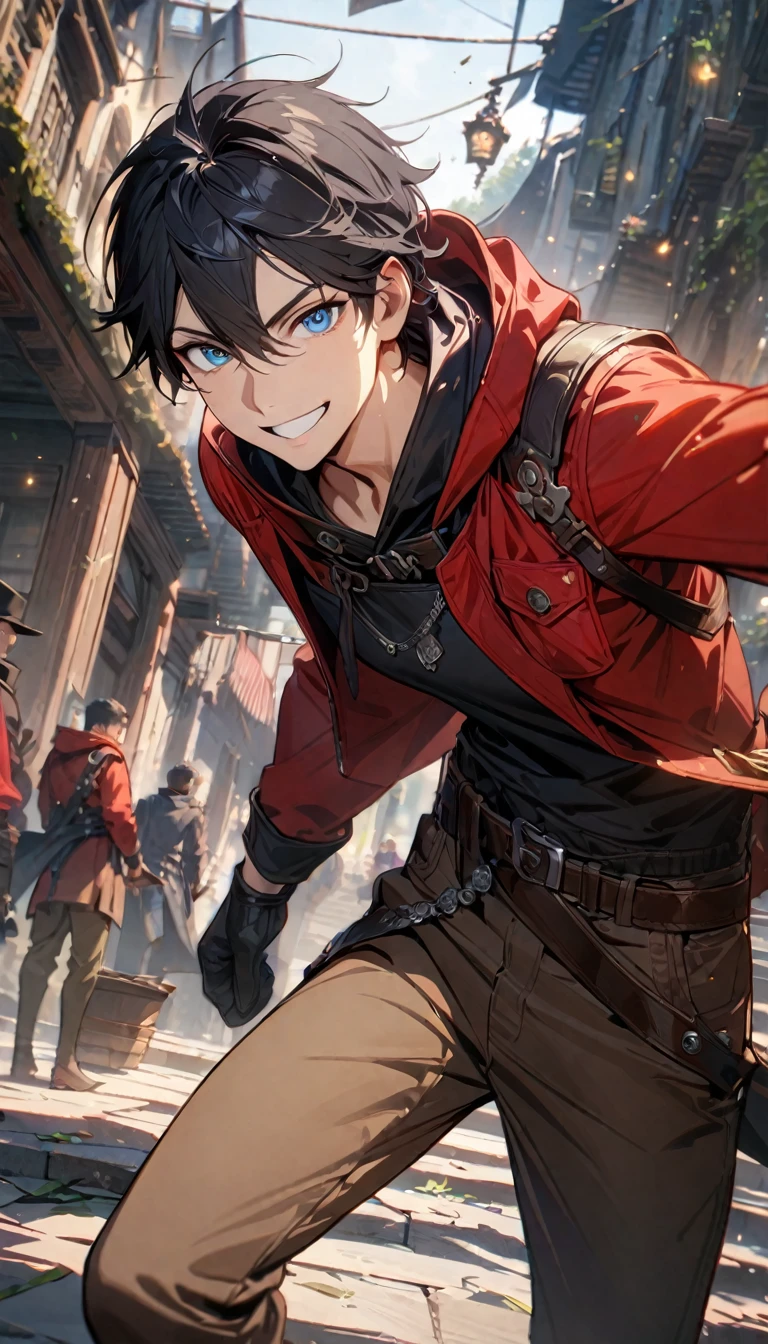 Adult male, long black hair, blue eyes, red jacket, brown pants, Thief, smile, Masterpiece, best quality, Full HD, 8k, ultra details, great graphic