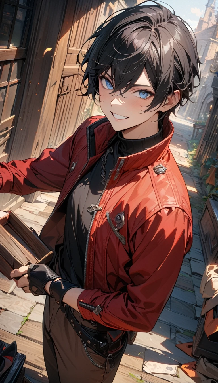 Adult male, long black hair, blue eyes, red jacket, brown pants, Thief, smile, Masterpiece, best quality, Full HD, 8k, ultra details, great graphic