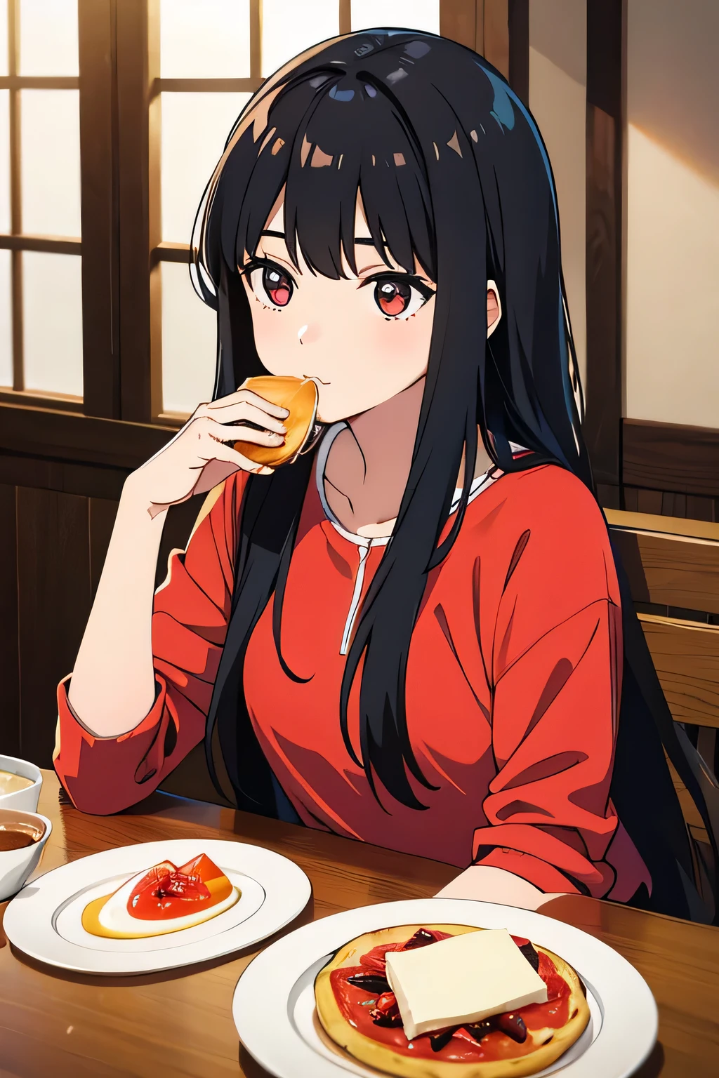 eating breakfast,black hair,long hair,girl