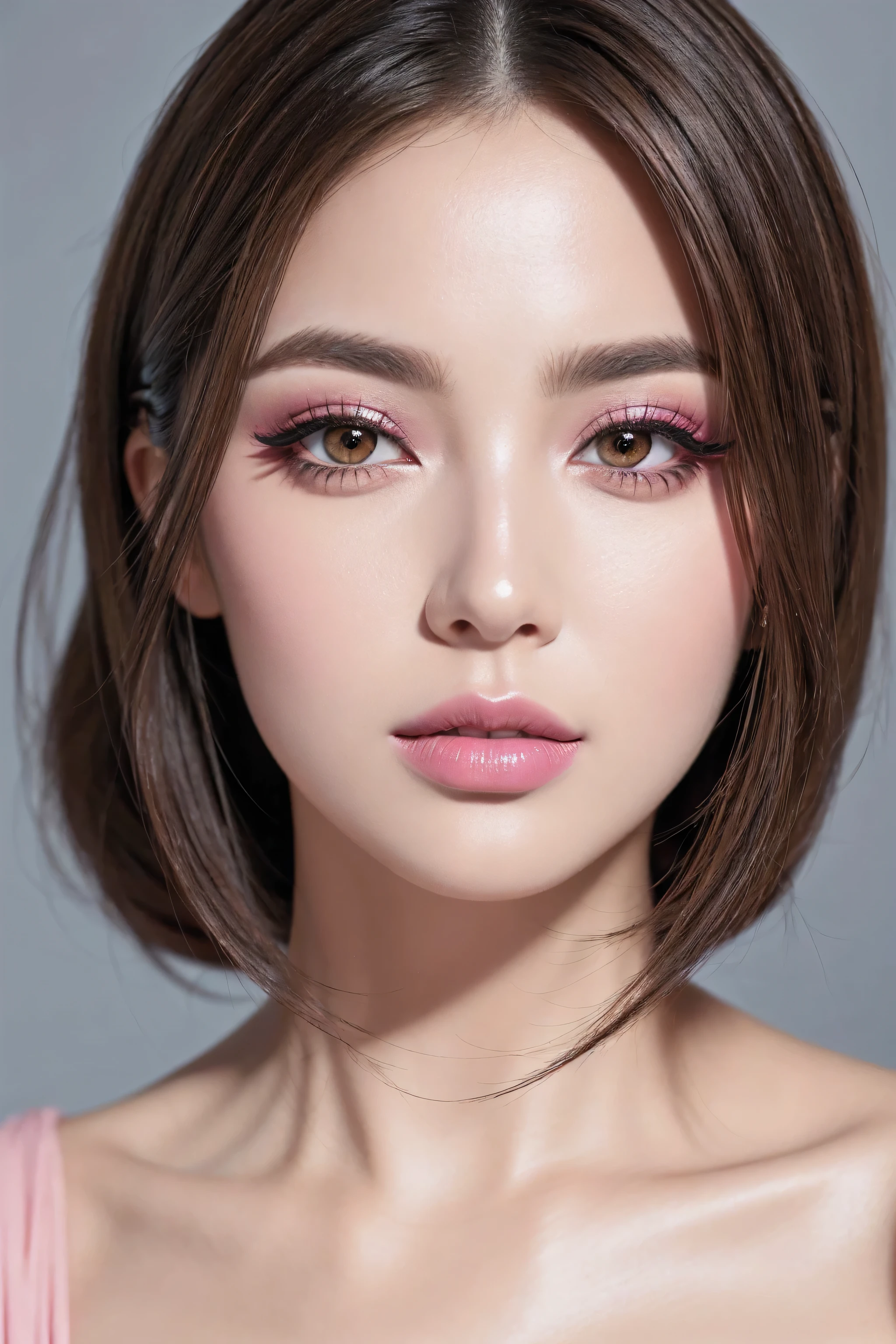 photorealistic Realism 8K Quality, (high-res, best high quality), ([long(lashes)|perfect(eyeshadows)]:[|blue|pink]), ((clear no blur and sharp perfect round, realistic brown_eyes:1.25), finely quality eyes), BREAK, detailed lips, pink_makeup, long_blue_eyeliner, red_lipstick:1.2, perfect dark_eyeshadows:1.15, super detailed professional makeup on eyes, 