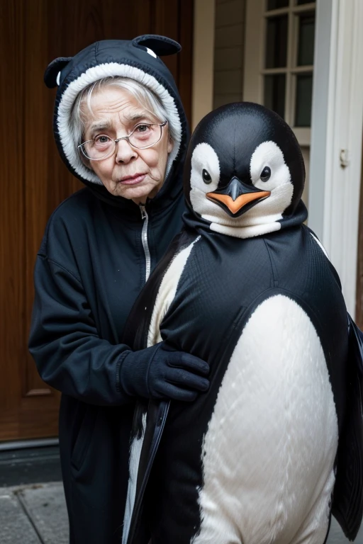 Angry elderly woman dressed in penguin outfit