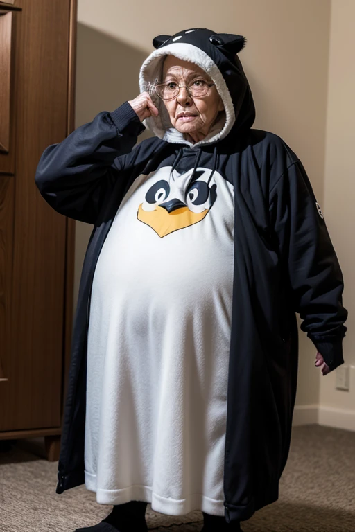 Angry elderly woman dressed in penguin outfit