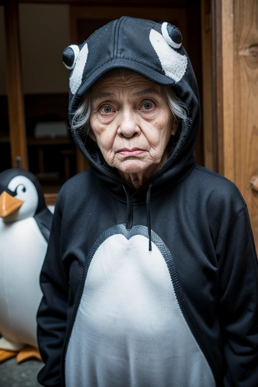 Angry elderly woman dressed in penguin outfit