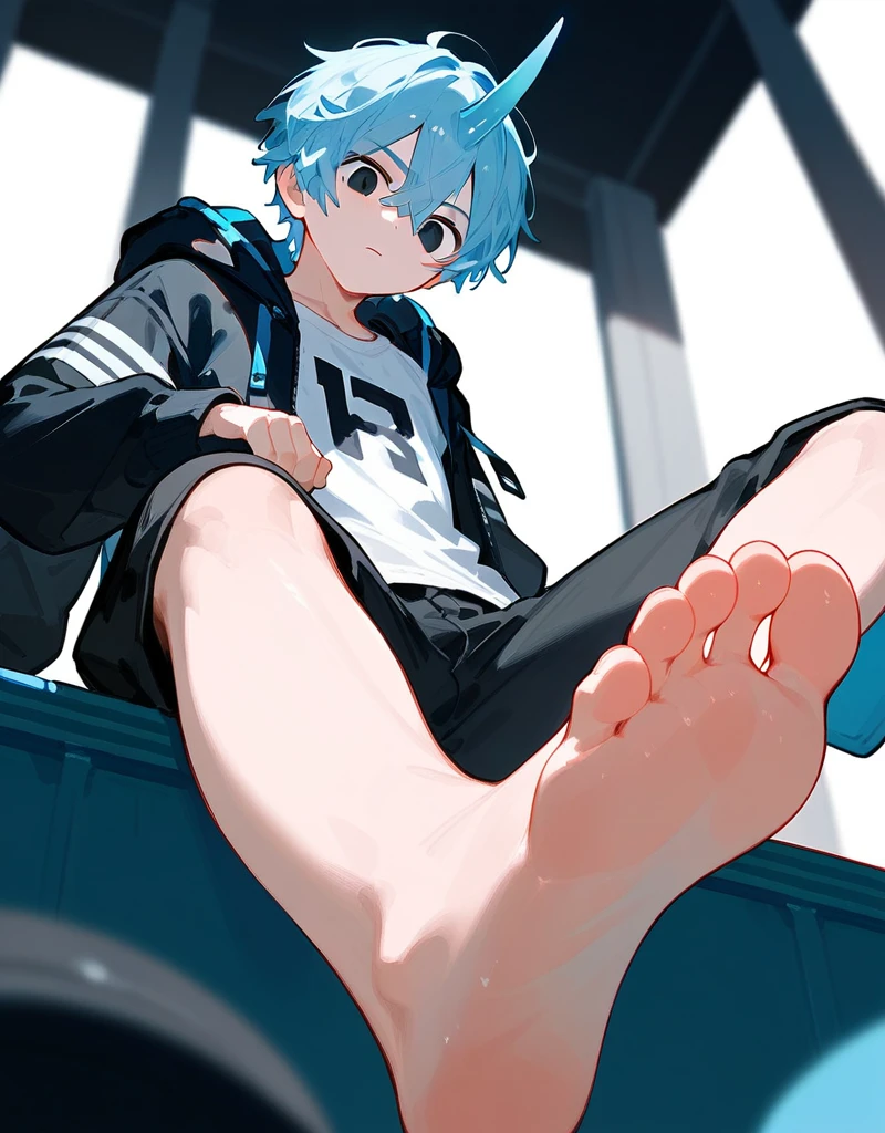 A cute boy showing his stinky feet low angle,barefoot, Foot Focus,White T-shirt, Black Hooded Jacket, There are bangs between the eyes,short hair,Light blue hair, Black pants, Anatomically correct, There is a single blue horn in the middle of the head, black eyes, Looking at the audience，Confuse，Sitting on another man&#39;s belly，Sitting on his belly