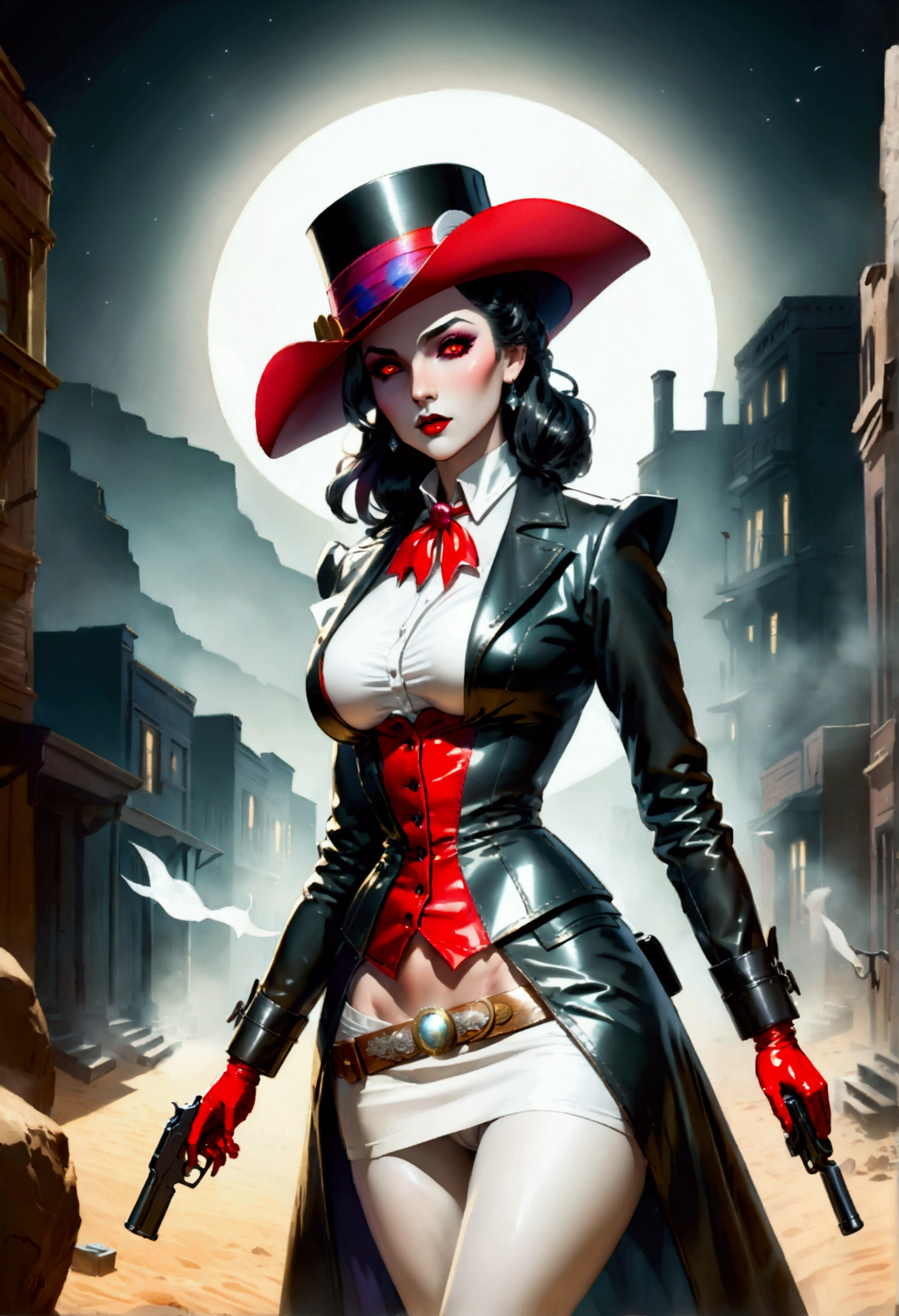 (wild west black and white 19th century photograph style: 1.5) picture of a female vampire cowboy in the desert night, a goth beauty, exquisite beautiful female vampire, ((anatomically correct: 1.5), (ultra detailed face: 1.2), best detailed face, red glowing eyes, full body, busty, wearing white bottom shirt, short skirt, dynamic color. wearing (Gambler Crease hat: 1.2), wearing high heeled boots, wearing open black trench coat, flowing trench coat, (pistol in a holster: 1.1), it is night time in the desert, moon light. moon rays, west America desert canyon background, Hyperrealism style, vibrant, Ultra-high resolution, High Contrast, (masterpiece:1.5), highest quality, Best aesthetics), best details, best quality, highres, ultra wide angle, 16k, [ultra detailed], masterpiece, best quality, (extremely detailed) RAW, chumbasket art style, rpg portrait photograph,