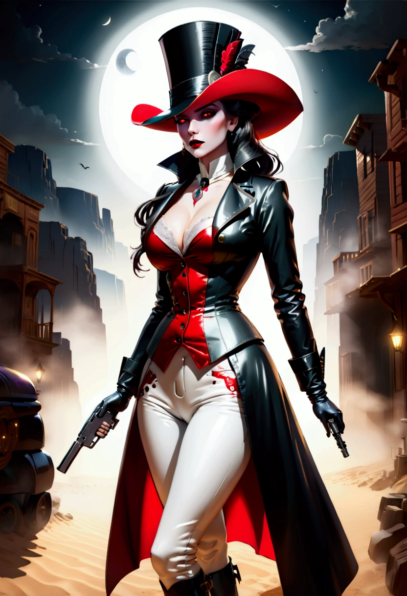 (wild west black and white 19th century photograph style: 1.5) picture of a female vampire cowboy in the desert night, a goth beauty, exquisite beautiful female vampire, ((anatomically correct: 1.5), (ultra detailed face: 1.2), best detailed face, red glowing eyes, full body, busty, wearing white bottom shirt, short skirt, dynamic color. wearing (Gambler Crease hat: 1.2), wearing high heeled boots, wearing open black trench coat, flowing trench coat, (pistol in a holster: 1.1), it is night time in the desert, moon light. moon rays, west America desert canyon background, Hyperrealism style, vibrant, Ultra-high resolution, High Contrast, (masterpiece:1.5), highest quality, Best aesthetics), best details, best quality, highres, ultra wide angle, 16k, [ultra detailed], masterpiece, best quality, (extremely detailed) RAW, chumbasket art style, rpg portrait photograph,
