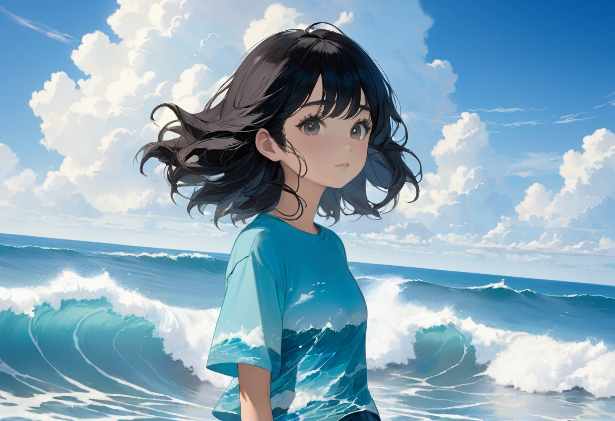 広い大Ocean原, (Oceanの真ん中に寝転がる白いTシャツを着た少女:1.2), Black Hair, Pull composition, whole body, Detailed face, Vision, Calm day, Detailed Clouds, Ocean, Calm waves,
