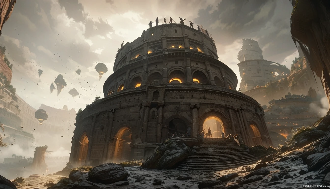 anime aestetics, anime landscape, landscape scenery, elden ring cinematic lighting, elden ring inspired, farum azula, floating colosseum, ancient structure, beautiful arcs, rome inspired, floating islands, rocks floating in the air, crambling city, gigantic structure, moment before a fight, grey and yellow colours, dust in the air, epic scene, atmospheric perspective, perspective, wide shot, from below, from outside, highres, 8k, best quality, super detail, award winning, masterpiece