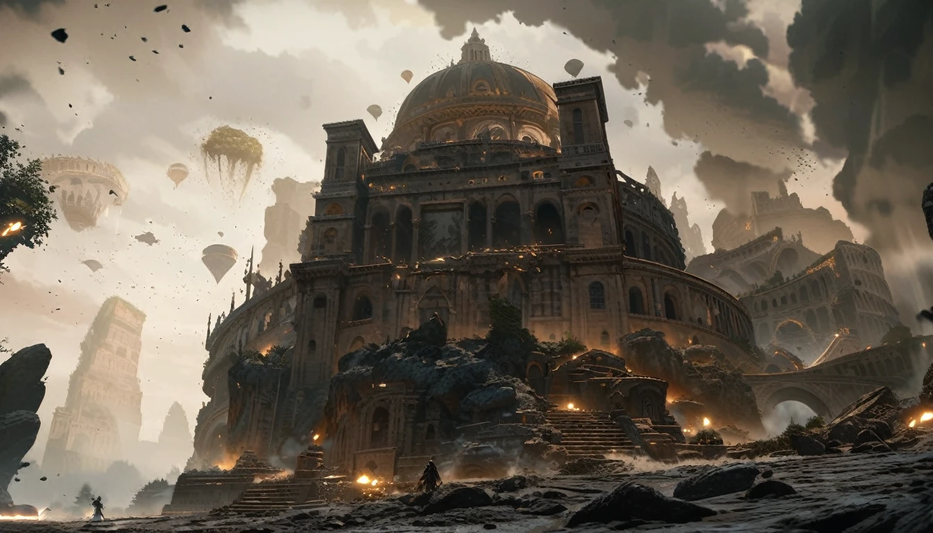 anime aestetics, anime landscape, landscape scenery, elden ring cinematic lighting, elden ring inspired, farum azula, floating colosseum, ancient structure, beautiful arcs, rome inspired, floating islands, rocks floating in the air, crambling city, gigantic structure, moment before a fight, grey and yellow colours, dust in the air, epic scene, atmospheric perspective, perspective, wide shot, from below, from outside, highres, 8k, best quality, super detail, award winning, masterpiece