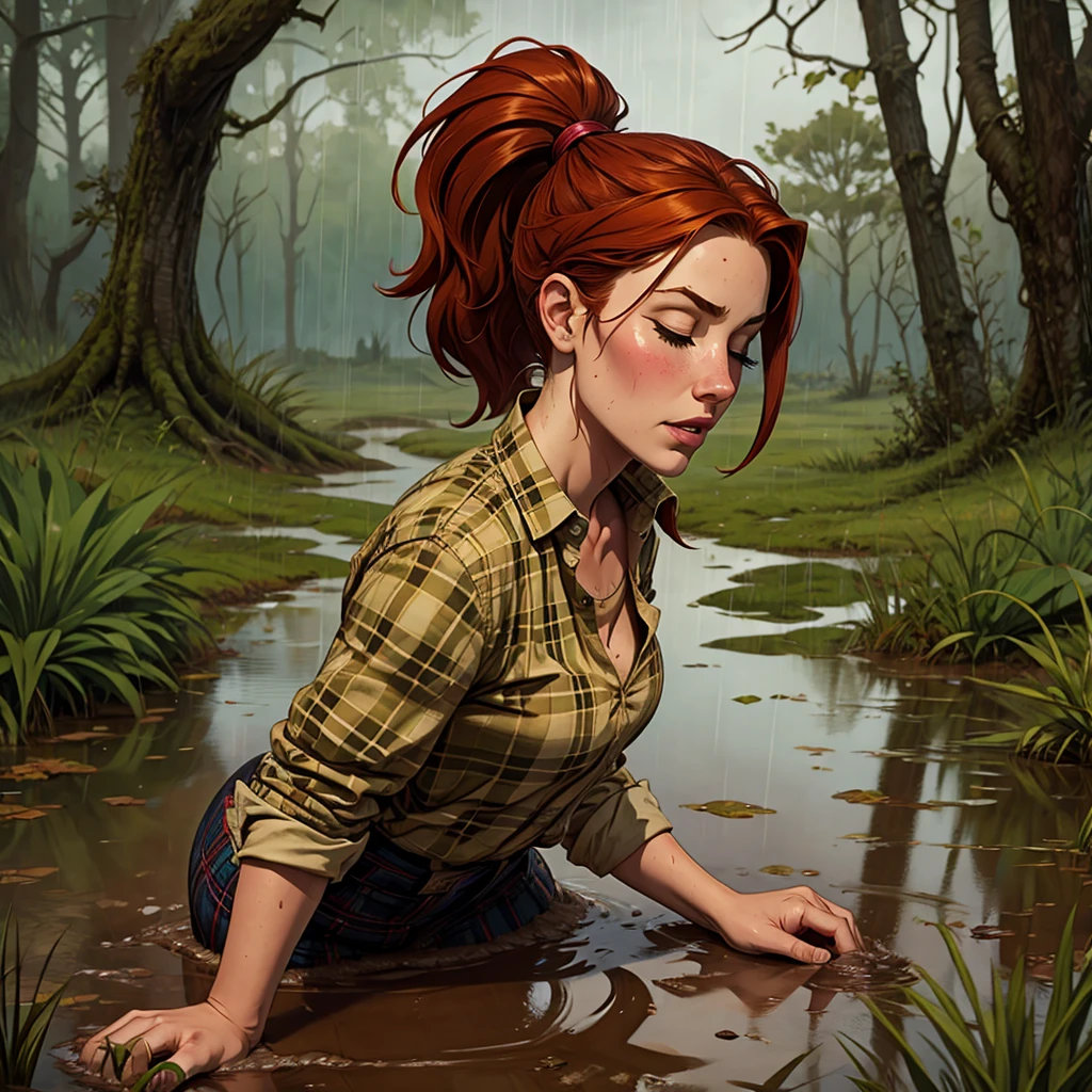 Comic style, solo girl, 1girl, Drowned in quicksand, swamp, bog, grass, tree, wearing unbuttoned flannel shirt, orgasming, looking up, eyes closed, from side, blush, muddy, messy, dirty, overcast weather, rain, red hair, Ponytail,