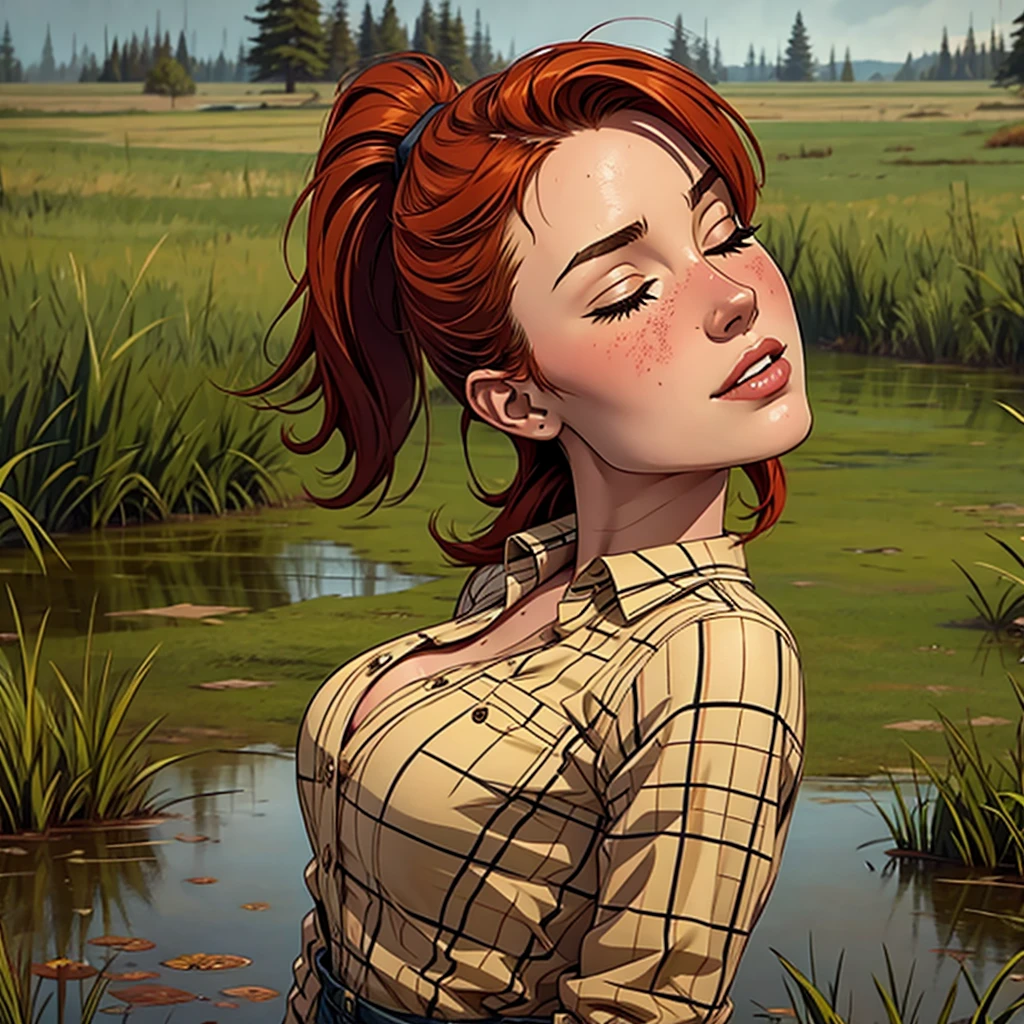Comic style, solo girl, 1girl, Drowned in quicksand, swamp, bog, grass, tree, wearing unbuttoned flannel shirt, orgasming, looking up, eyes closed, from side, blush, muddy, messy, dirty, overcast weather, rain, red hair, Ponytail,