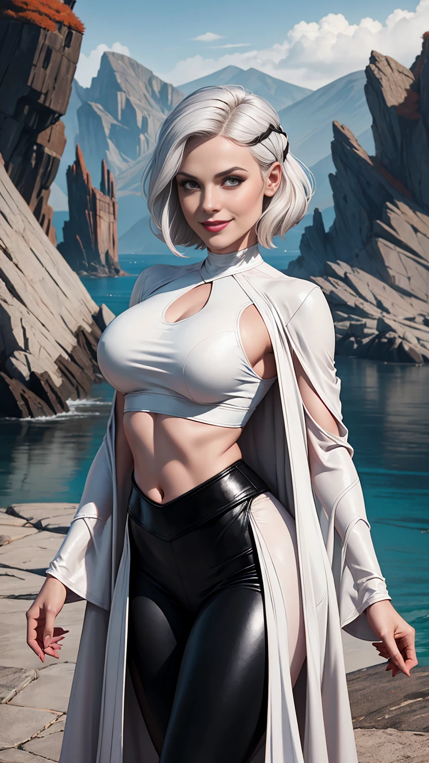 Merrin in Star Wars Jedi Survivor, angled bob hairstyle, white grey hair, pale skin, tight crimson velvet robe, black leather crop top, black leather leggings, swooping breasts, toned body, facing camera, smile, scenic location