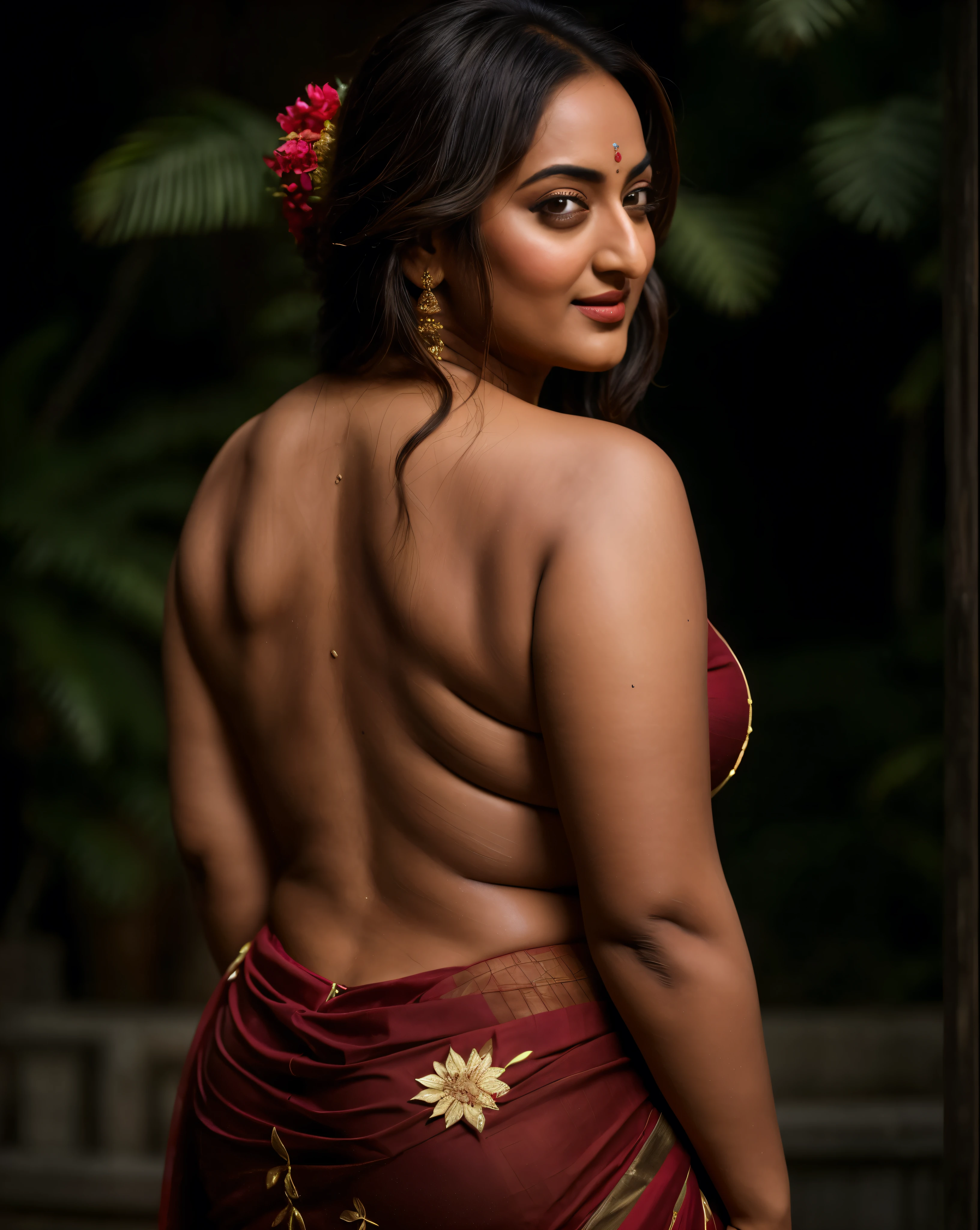 Sexy lady flaunts her sexy bare back, attractive feminine curve, Foto RAW, photorealistic, photography, full body shot, master shot, perfect eyes, goddess like beauty, pierced eyes, perfect thick chubby mallu Desi aunty bhabhi, Wearing a Stanapatta, a chest-band.Saree model, model Photography, Indian saree shoot, Indian traditional wear advertising photography, traditional wear brand shoot, face of Indian actress Sonakshi Sinha, masterpiece, realistic, realism, incredible details,  pleasure, photorealism, detailed skin, skin pores, high contrast, photorealistic Artstation 8k HD digital art trend of high definition and detailed realistic skin texture, ultra detail, realistic skin texture, armature, best quality, ultra high definition, (photorealistic:1.4),, high resolution, detail, raw photo, sweat, Re sharp, by Lee Jefferies Nikon D850 Film Stock Photo 4 Kodak Portra 400 Camera F1.6 Lens Rich Color Ultra Real Realistic Realistic Textures Dramatic Lighting Unreal Engine Trending at Art Station Cinestill 800,(pele altamente detalhada: 1.2), 8k UHD, DSLR, soft-lighting, alta qualidade, grain of film, Fujifilm XT3,she didn't like to wear blouse or bra, she is happy to wear only saree, she hates blouse or bra, detailed hairy armpits, hyper realistic skin, skin pores, sweat, veins, The open back looks attractive in a saree without a blouse, appealing figure, appealing body language, her full body is drenched in oil which makes her Hot sensual, aesthetics, 