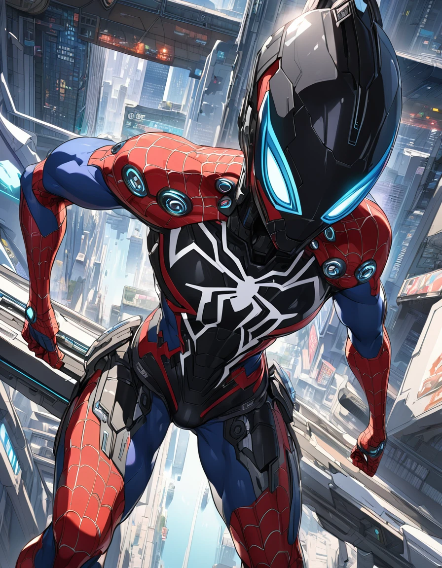 A Spider-Man in Cybernetic City, ultra detail, high resolution, anime, companies