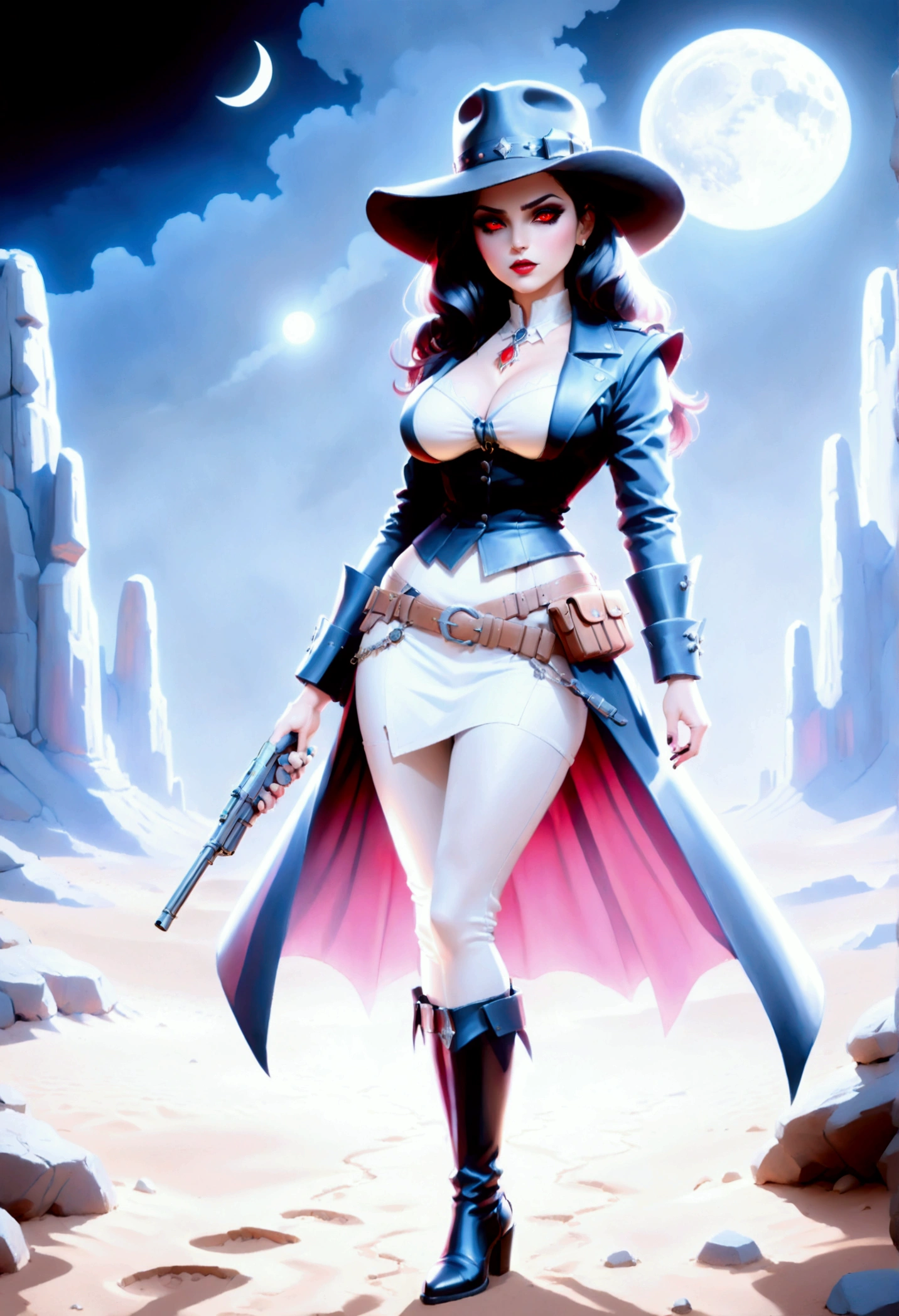 (wild west black and white 19th century photograph style: 1.5) picture of a female vampire cowboy in the desert night, a goth beauty, exquisite beautiful female vampire, ((anatomically correct: 1.5), (ultra detailed face: 1.2), best detailed face, red glowing eyes, full body, busty, wearing white bottom shirt, short skirt, dynamic color. wearing (Gambler Crease hat: 1.2), wearing high heeled boots, wearing open black trench coat, flowing trench coat, (pistol in a holster: 1.1), it is night time in the desert, moon light. moon rays, west America desert canyon background, Hyperrealism style, vibrant, Ultra-high resolution, High Contrast, (masterpiece:1.5), highest quality, Best aesthetics), best details, best quality, highres, ultra wide angle, 16k, [ultra detailed], masterpiece, best quality, (extremely detailed) RAW, chumbasket art style, rpg portrait photograph,