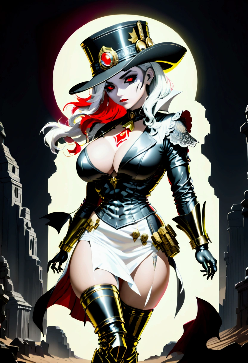 (wild west black and white 19th century photograph style: 1.5) picture of a female vampire cowboy in the desert night, a goth beauty, exquisite beautiful female vampire, ((anatomically correct: 1.5), (ultra detailed face: 1.2), best detailed face, red glowing eyes, full body, , wearing white bottom shirt, short skirt, dynamic color. wearing (Gambler Crease hat: 1.2), wearing high heeled boots, wearing open black trench coat, flowing trench coat, (pistol in a holster: 1.1), it is night time in the desert, moon light. moon rays, west America desert canyon background, Hyperrealism style, vibrant, Ultra-high resolution, High Contrast, (masterpiece:1.5), highest quality, Best aesthetics), best details, best quality, highres, ultra wide angle, 16k, [ultra detailed], masterpiece, best quality, (extremely detailed) RAW, chumbasket art style, rpg portrait photograph,