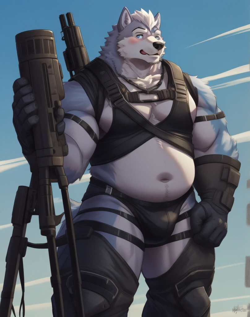 A chubby anthropomorphic husky with sky blue fur, with big belly and pecks wearing a skimpy scfi outfit holding a scfi sniper rifle, full-body, solo