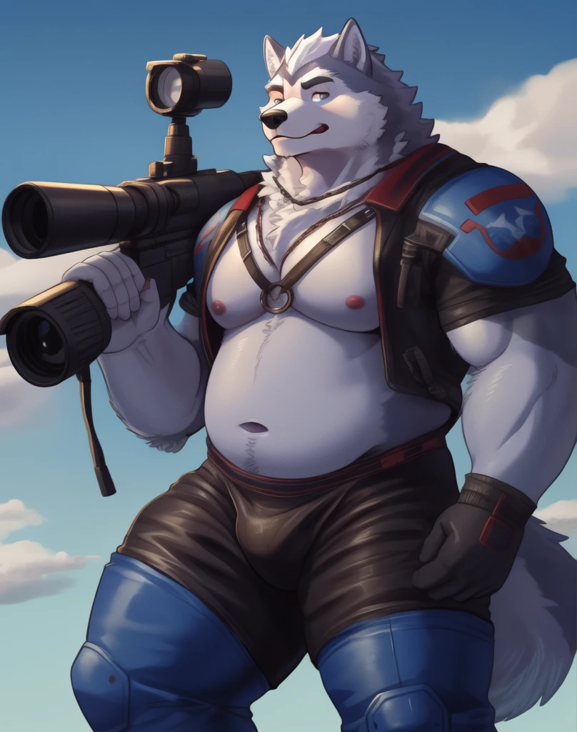 A chubby anthropomorphic husky with sky blue fur, with big belly and pecks wearing a skimpy scfi outfit holding a scfi sniper rifle, full-body, solo