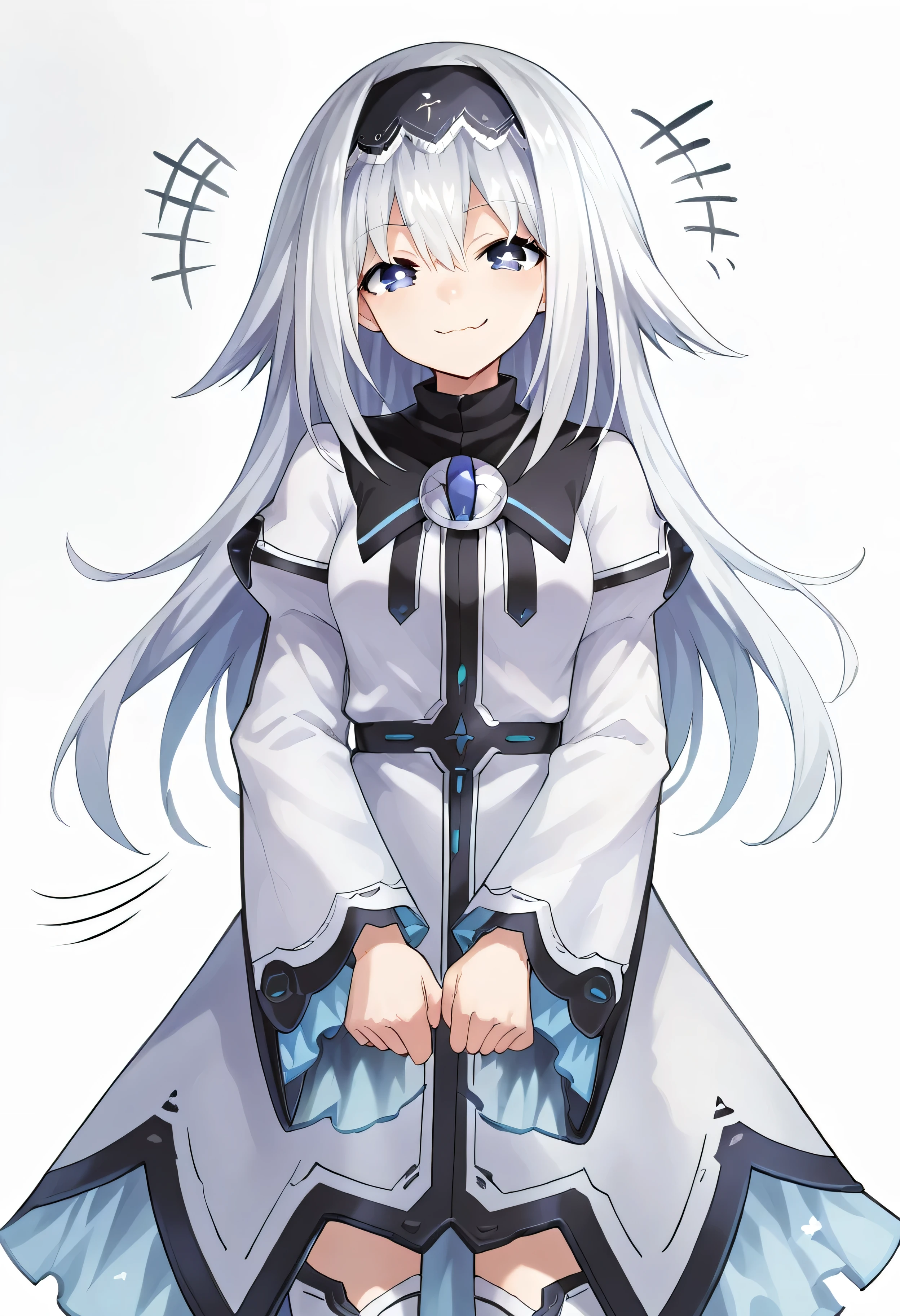 score_9, score_8_up, score_7_up,
arusu maria,1girl, solo, long hair, blue eyes, white hair,hair between eyes,white dress,white thighhighs, long sleeves, wide sleeves,black hairband, smug smile, clapping