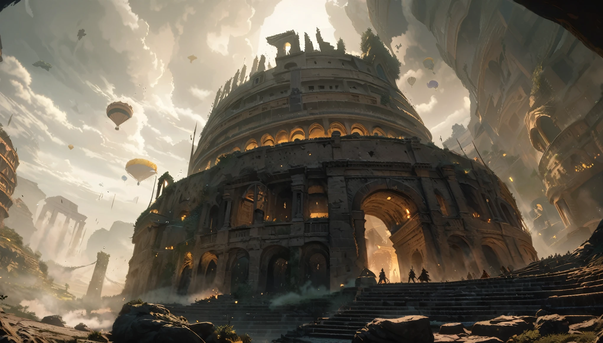 anime aestetics, anime landscape, landscape scenery, elden ring cinematic lighting, elden ring inspired, farum azula, floating colosseum, ancient structure, beautiful arcs, rome inspired, floating islands, rocks floating in the air, crambling city, gigantic structure, moment before a fight, grey and yellow colours, dust in the air, epic scene, atmospheric perspective, perspective, wide shot, from below, from outside, highres, 8k, best quality, super detail, award winning, masterpiece