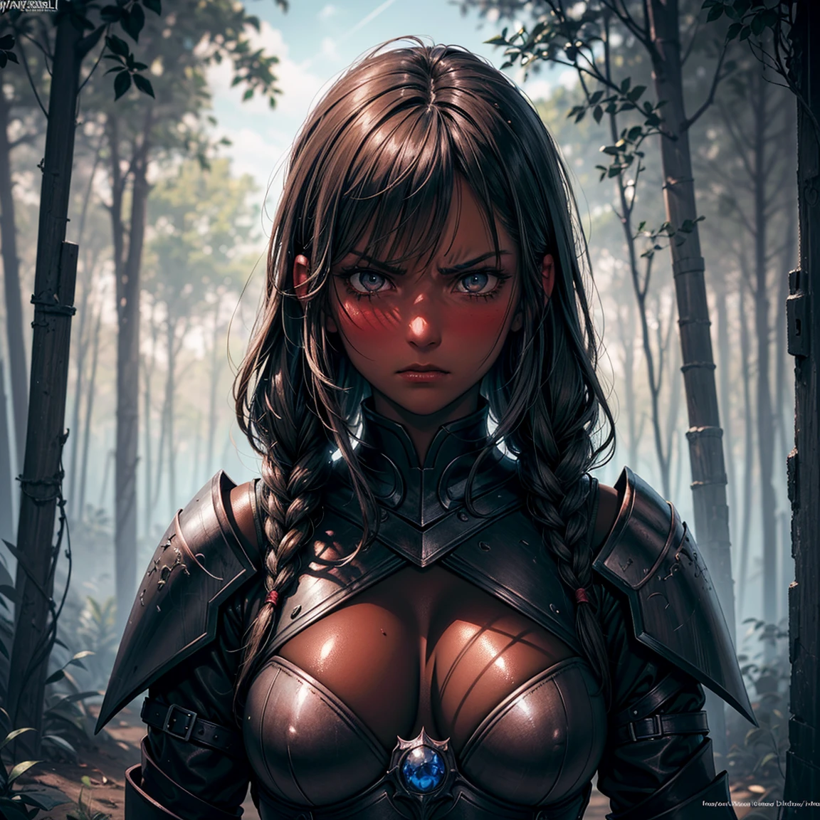 (High Detail:1.2) Anime Girl, (Best quality, Detailed), (dark and angry, blushing, gravelly:1.3, dark:1.2), 1girl, (solo), long braids hair, dark brown hair, ((black eyes)), black skin, small breasts, black plate armor, (big sword), sinister, intense look, forest, background dark, Volumetric light, hyper realistic, super detailed, Dynamic pose, (very sexy body, detailed face, detailed eyes, masterpiece, highly detailed, 8k, best quality, vibrant colors, digital art, concept art)