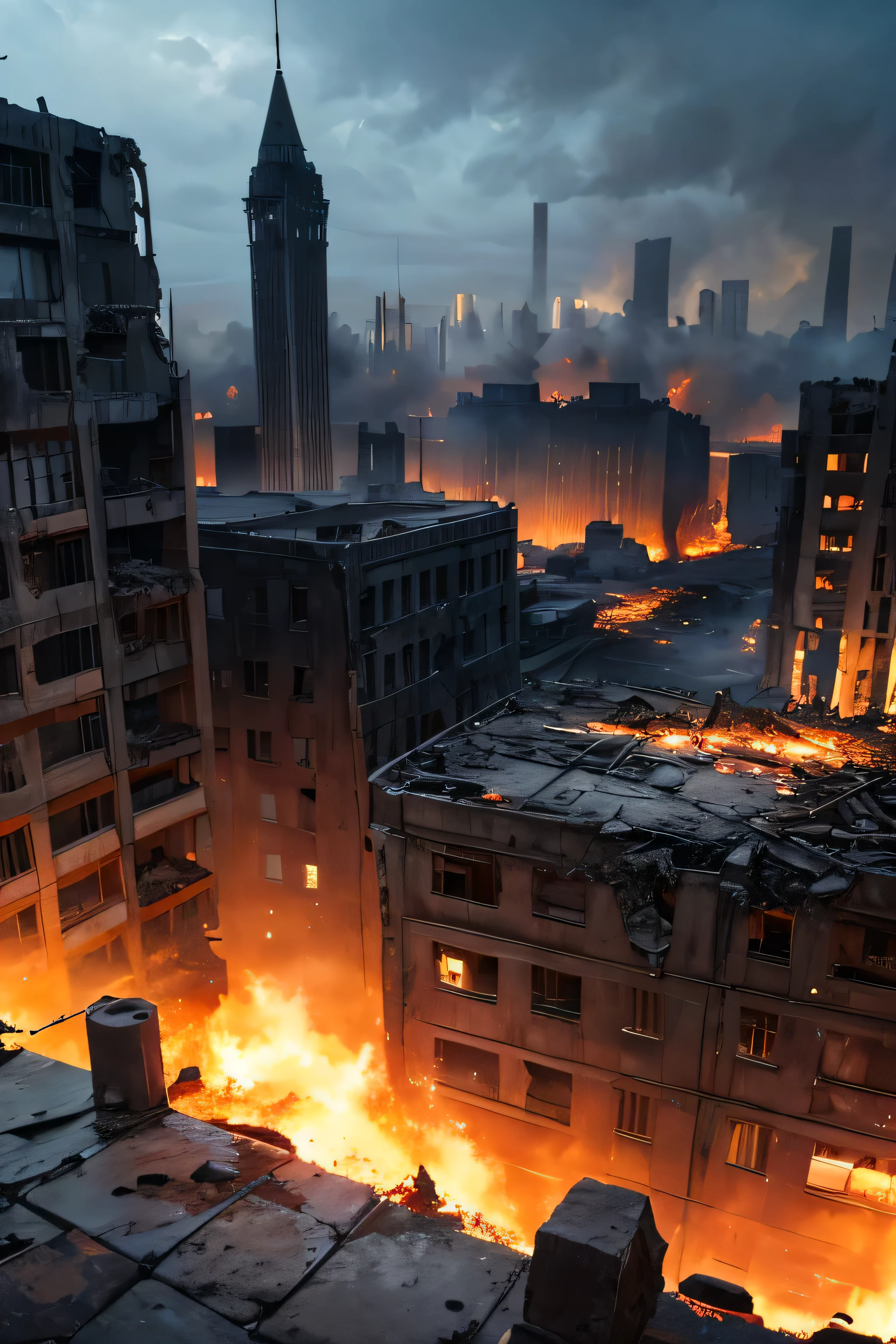The ruins of the ruined city, the ruins of the wall, the flames of war are burning, the sound of explosions is constant, the smoke of war is full of ruins, and countless sorrows and sorrows are hidden beneath the ruins, the damaged buildings are crumbling from the wind and rain, the broken rubble is lost on both sides of the street, the tanks and armored vehicles exploded, only the faint cry for help reminds people of the prosperity and vitality here once. In these ruins, life and death intertwine, hope and despair coexist, forming a shocking fight image, the overall composition is impeccable, surrealism art, 8k, the artistic style is the depiction of the brutal scenes of war, ultrafine details, medium and long term vision, big dinner, high perspective, DeepL, Atmospheric Light, oppression, -- 4:3 – Stylized 500