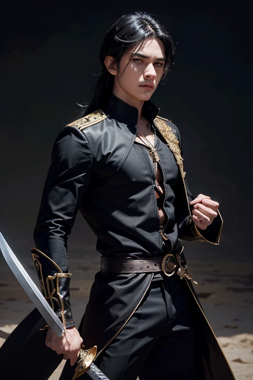 Young man, boy with unruly black hair holding a sword in his hand, coast profile, with face turned to the side, handsome guy, black clothes, semi-open suit, sample chest, gold cord, arrogant look, look without emotion, Bblack hair, shining sword, neutral background, epic, best qualityer, details Intricate, fight scene, ultra detaild, High definition, picture-perfect, warrior man,