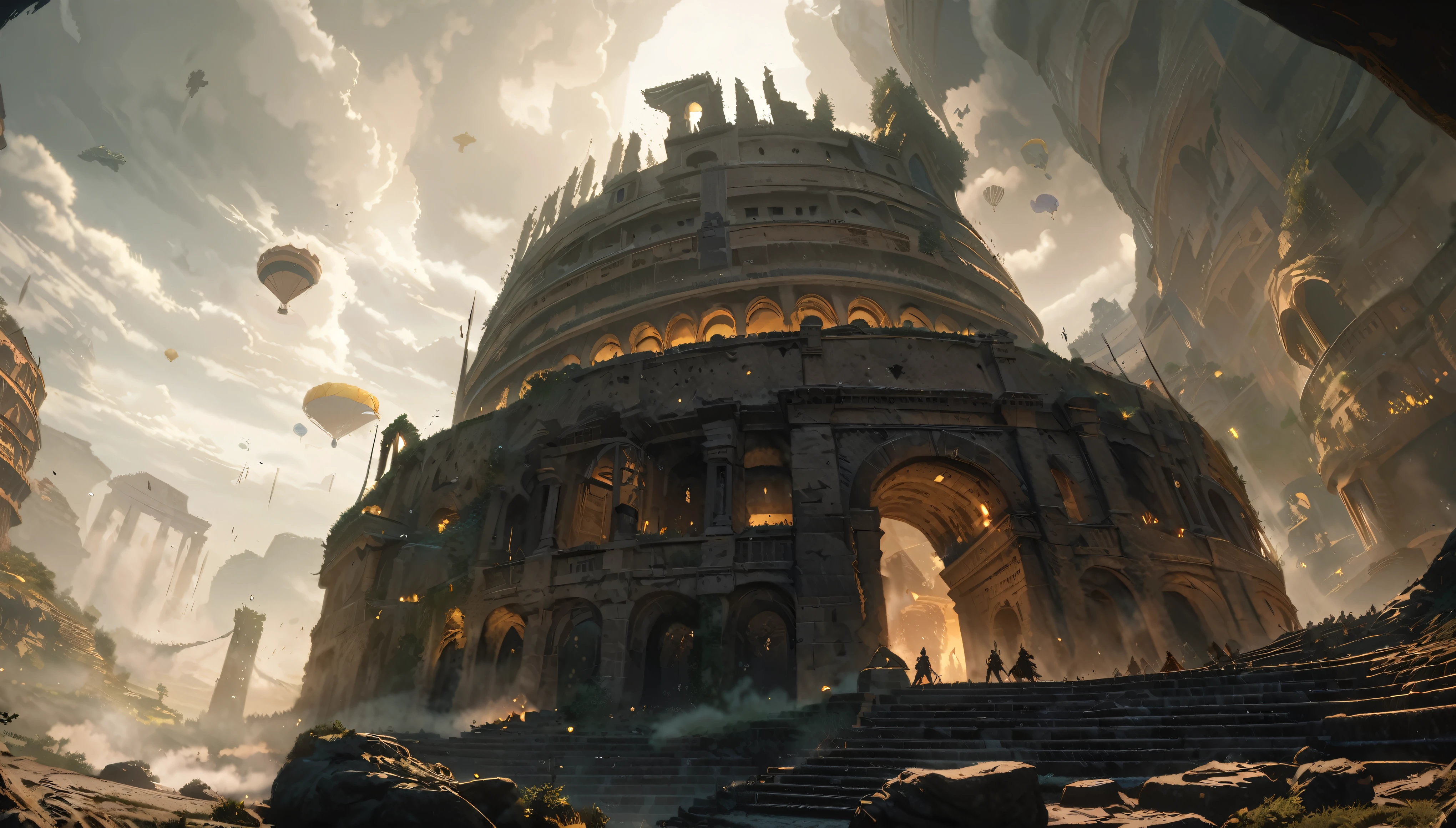 anime aestetics, anime landscape, landscape scenery, elden ring cinematic lighting, elden ring inspired, farum azula, floating colosseum, ancient structure, beautiful arcs, rome inspired, floating islands, rocks floating in the air, crambling city, gigantic structure, moment before a fight, grey and yellow colours, dust in the air, epic scene, atmospheric perspective, perspective, wide shot, from below, from outside, highres, 8k, best quality, super detail, award winning, masterpiece