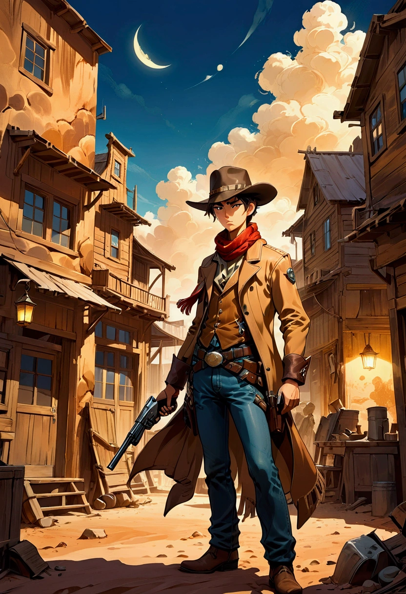 1boy, Western Cowboy, a cowboy in the wild west, cowboy hat, cowboy boots, lasso, western town, desert landscape, mountains in the background, blue sky with clouds, warm sunlight, detailed facial features, muscular physique, action pose, (4k,8k,highres:1.2), ultra-detailed, concept art, cinematic lighting, dramatic colors, muted tones, masterpiece, best quality, very aesthetic, absurdres