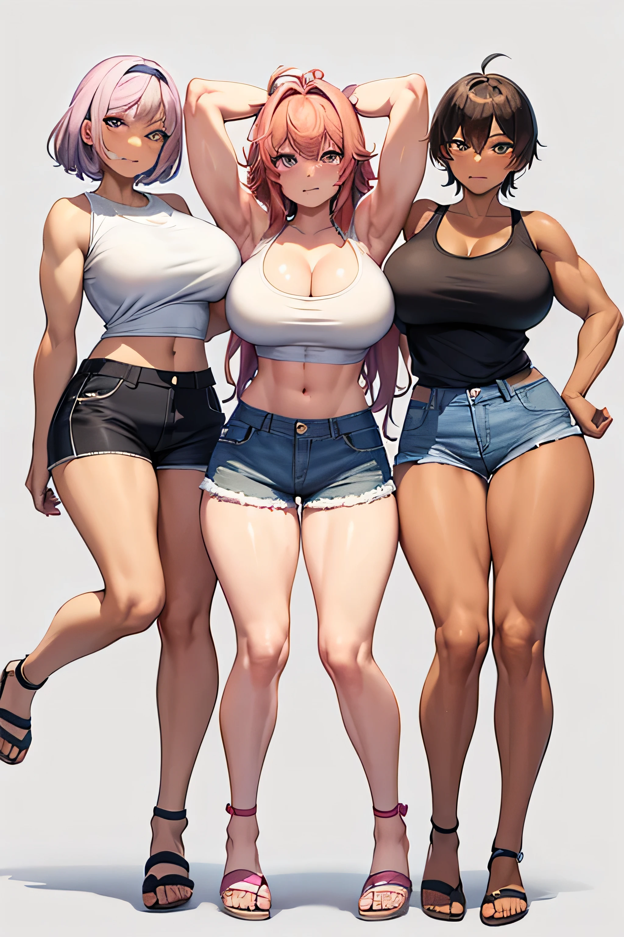 {anime women with super muscles}, {{full body adoptable}}, {{full body}}, {{tan skin}}, big muscles, tall women, short pink hair with side swept bangs, cute face, super muscular body, sweet face, scars on body, cheering pose, brown eyes, white tank top, jean shorts, sweater tied around waist, flops
