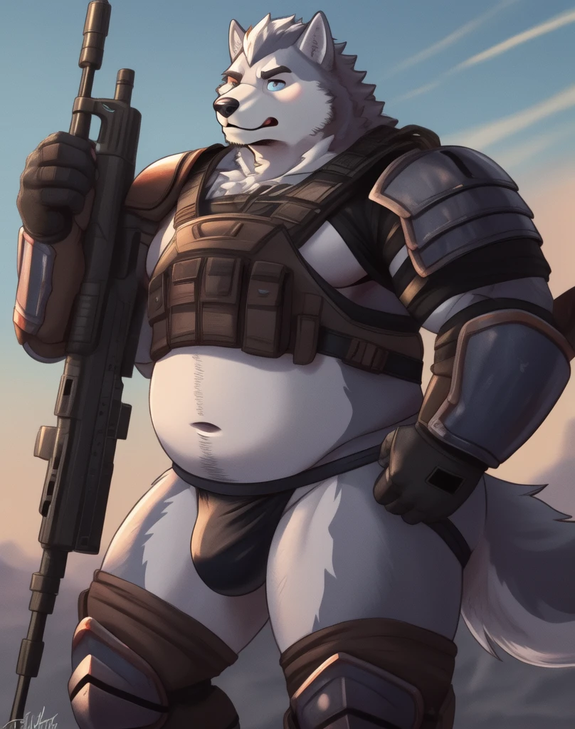 A chubby anthropomorphic husky with sky blue fur, with big belly and pecks wearing a scfi jockstrap, and skimpy scfi armor holding a scfi sniper rifle, full-body, solo