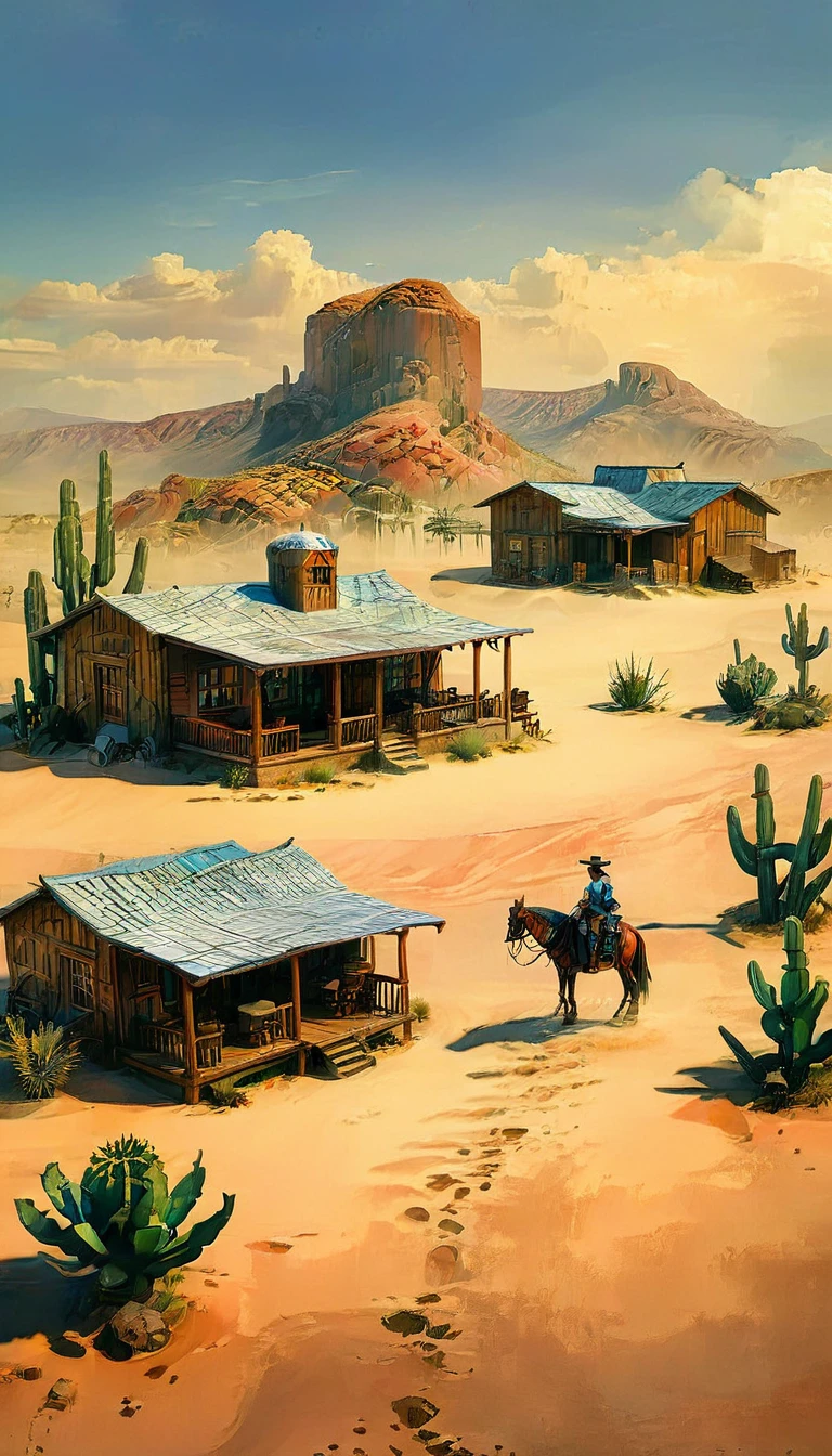 a detailed illustration of a town in the wild west, 1 cowboy:1.5, desert landscape, adobe buildings, dirt roads, wooden living room, horses, cactus, blue sky, warm lighting, Very detailed, photorealistic, 8k, masterpiece, Conceptual art, HD,8k HIPER DETALLADO