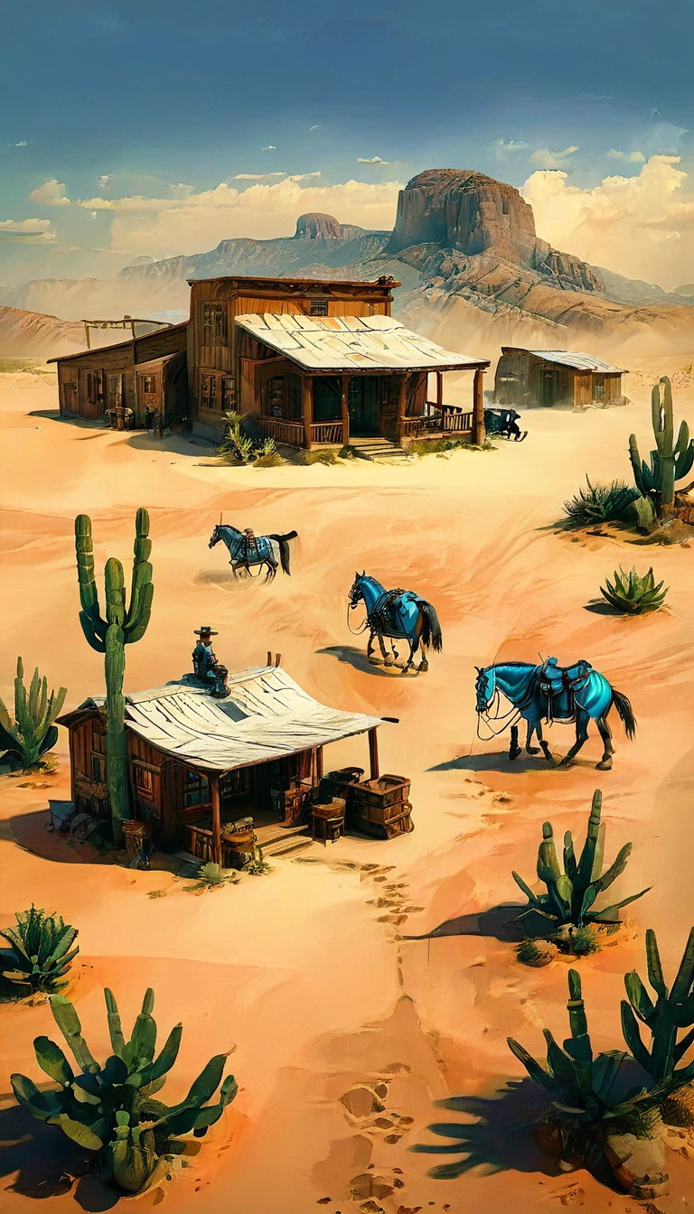 a detailed illustration of a town in the wild west, 1 cowboy:1.5, desert landscape, adobe buildings, dirt roads, wooden living room, horses, cactus, blue sky, warm lighting, Very detailed, photorealistic, 8k, masterpiece, Conceptual art, HD,8k HIPER DETALLADO