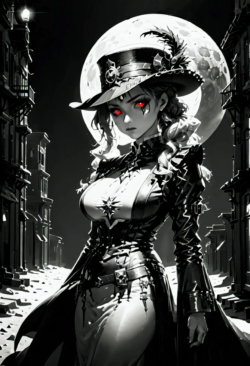 (wild west black and white 19th century photograph style: 1.5) picture of a female vampire cowboy in the desert night, a goth beauty, exquisite beautiful female vampire, ((anatomically correct: 1.5), (ultra detailed face: 1.2), best detailed face, red glowing eyes, full body, busty, wearing white bottom shirt, short skirt, dynamic color. wearing (Gambler Crease hat: 1.2), wearing high heeled boots, wearing open black trench coat, flowing trench coat, (pistol in a holster: 1.1), it is night time in the desert, moon light. moon rays, west America desert canyon background, Hyperrealism style, vibrant, Ultra-high resolution, High Contrast, (masterpiece:1.5), highest quality, Best aesthetics), best details, best quality, highres, ultra wide angle, 16k, [ultra detailed], masterpiece, best quality, (extremely detailed) RAW, chumbasket art style, rpg portrait photograph,