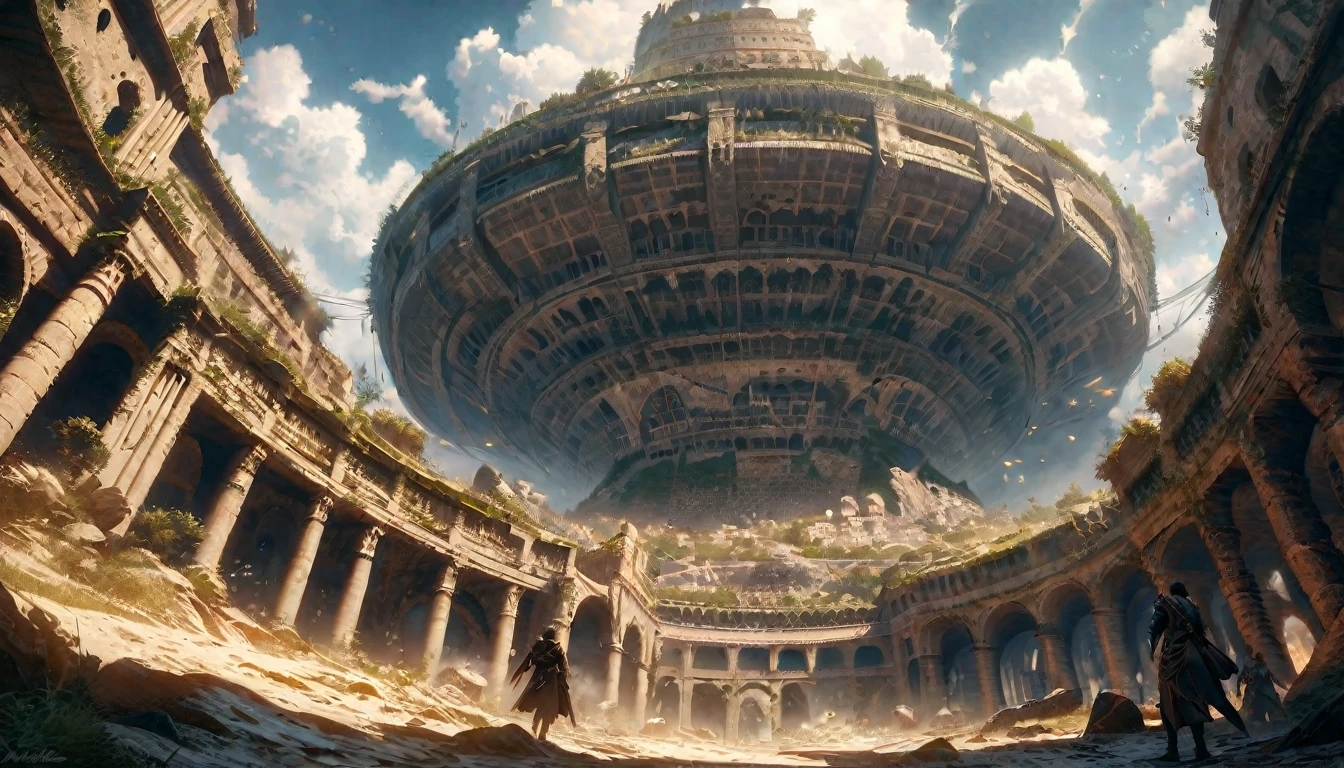  anime aestetics, anime landscape, landscape scenery, elden ring cinematic lighting, elden ring inspired, farum azula, floating colosseum, ancient structure, beautiful arcs, rome inspired, floating islands, rocks floating in the air, crambling city, gigantic structure, moment before a fight, grey and yellow colours, dust in the air, epic scene, atmospheric perspective, perspective, wide shot, from below, from outside, highres, 8k, best quality, super detail, award winning, masterpiece