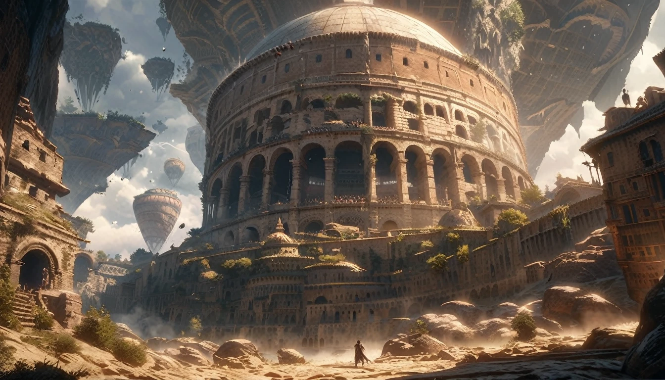 anime aestetics, anime landscape, landscape scenery, elden ring cinematic lighting, elden ring inspired, farum azula, floating colosseum, ancient structure, beautiful arcs, rome inspired, floating islands, rocks floating in the air, crambling city, gigantic structure, moment before a fight, grey and yellow colours, dust in the air, epic scene, atmospheric perspective, perspective, wide shot, from below, from outside, highres, 8k, best quality, super detail, award winning, masterpiece