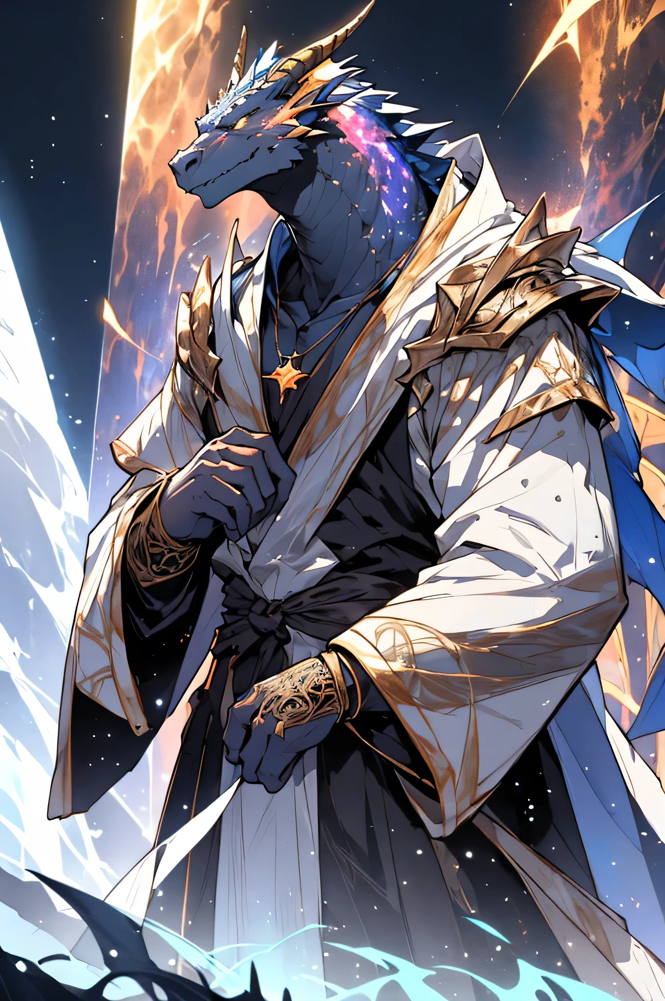 ((best quality)), ((masterpiece)), (detailed), Voidborn Dragonborn are a striking and mysterious race, their very appearance embodying the enigmatic power of the void. Their scales are a deep, shimmering black, adorned with flecks of light that resemble stars in the night sky. These scales seem to absorb light, giving the Voidborn a slightly ethereal and otherworldly glow.
Their eyes are perhaps their most captivating feature—dark, almost black orbs that glimmer with distant, star-like specks. These eyes can be unsettling to those unaccustomed to them, as they seem to peer into the very soul of those they gaze upon. When angered or channeling their powers, their eyes might flash with intense, starry brilliance.
Voidborn Dragonborn are generally taller and more imposing than their kin, standing well over 6 feet tall. Their physique is muscular and robust, but their movements are fluid and graceful, hinting at the arcane power they possess. Their horns and frills are often more pronounced and intricate, curving in elegant, almost celestial patterns.
Their presence is accompanied by an aura of mystery and subtle menace. When they speak, their voices carry a resonant, echoing quality, as if the void itself is amplifying their words. This aura becomes palpable when they invoke their powers, causing the air around them to shimmer with a dark, star-speckled haze.
Clad in dark, star-speckled armor or robes, Voidborn Dragonborn often accessorize with symbols and trinkets that reflect their connection to the cosmos, such as pendants in the shape of stars or intricate patterns resembling constellations. Their weapons and equipment might also bear similar motifs, shimmering with faint, otherworldly light.
In summary, a Voidborn Dragonborn is a being of dark, cosmic majesty, embodying the mysterious and powerful essence of the void. Their appearance and presence evoke awe and wonder, marking them as formidable and enigmatic guardians of the cosmic balance.