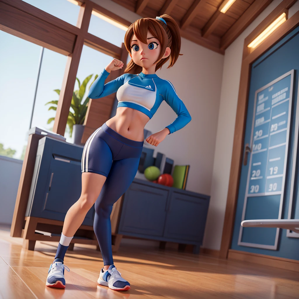 a cartoon girl in a sports outFit poses For a photo, sports clothes fofas, sports clothes, sports clothes, pants, perneiras, wearing adidas clothes, Rendering, adidas, F / 2 0, pantyhose, pantyhose, athletic body, pantyhose skin, pants esportivas, smooth body Features, sports bra and dark blue shorts, esportivo, sports physique, aerodynamic body, digital Rendering
