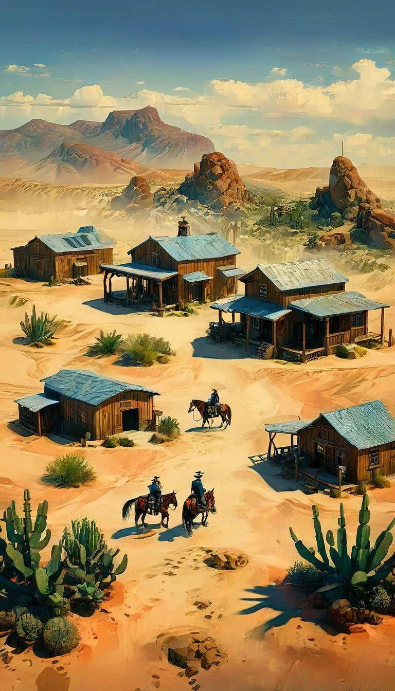 a detailed illustration of a town in the wild west, 1 cowboy:1.5, desert landscape, adobe buildings, dirt roads, wooden living room, horses, cactus, blue sky, warm lighting, Very detailed, photorealistic, 8k, masterpiece, Conceptual art, HD,8k HIPER DETALLADO