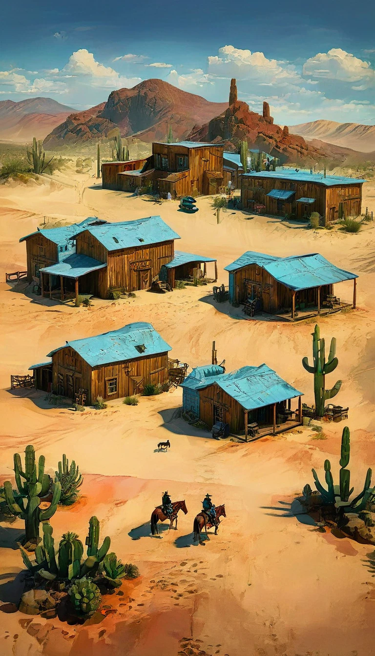 a detailed illustration of a town in the wild west, 1 cowboy:1.5, desert landscape, adobe buildings, dirt roads, wooden living room, horses, cactus, blue sky, warm lighting, Very detailed, photorealistic, 8k, masterpiece, Conceptual art, HD,8k HIPER DETALLADO