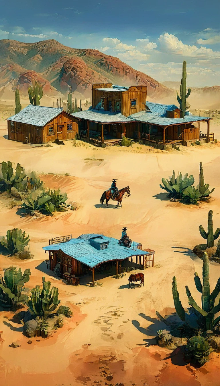 a detailed illustration of a town in the wild west, 1 cowboy:1.5, desert landscape, adobe buildings, dirt roads, wooden living room, horses, cactus, blue sky, warm lighting, Very detailed, photorealistic, 8k, masterpiece, Conceptual art, HD,8k HIPER DETALLADO