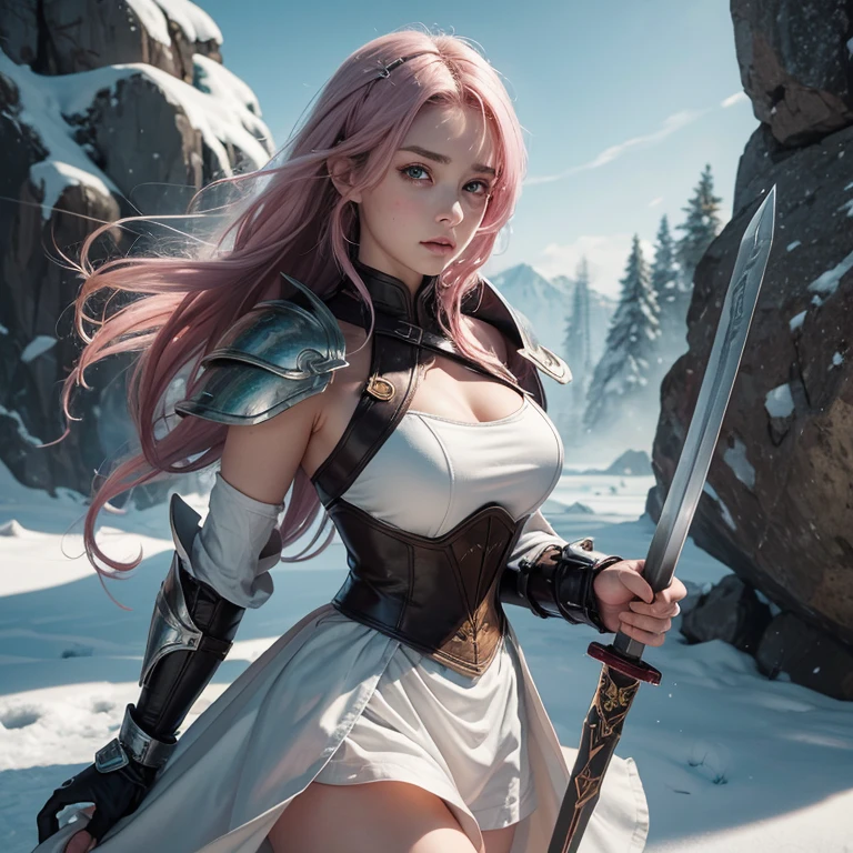((ultra realista)), ((imagem perfeita)), ((rosto perfeito)), ((ultra detalhado)), ((corpo inteiro)), ((corpo perfeito)), She is a young woman with short pink hair and a fishtail on the left side of her head, ending with a silver cross as an accessory. On his face there is a large scar crossing his face from the lower right corner of his face to the upper left corner. His eye color is green. Her appearance as a weak young girl deceives her true strength which is beyond most dragon hunters. She usually wears a white dress with a red ribbon and shorts. When hunting, she wears long boots that go above the knees and a winter coat as well. Above them, she wears a chest plate and a set of armored shoulders, forearms, gloves, and feet. On his back is placed his large silver sword.
