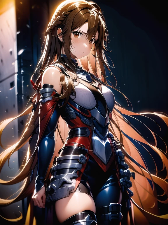 asunayuuki, asuna yuuki, long hair, brown hair, (brown eyes:1.8),
BREAK skirt, thighhighs, bare shoulders, detached sleeves, armor, white thighhighs, (breastplate:1.2), red skirt,
BREAK outdoors, nature, forest, sun, sky,
BREAK looking at viewer, (cowboy shot:1.5),
BREAK (masterpiece:1.2), best quality, high resolution, unity 8k wallpaper, (illustration:0.8), (beautiful detailed eyes:1.6), extremely detailed face, perfect lighting, extremely detailed CG, (perfect hands, perfect anatomy),