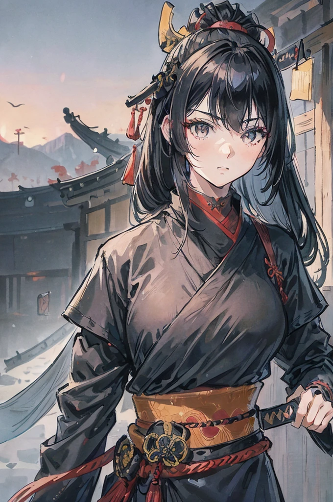 Ninja Girl, a black haired , wearing a black ninja armor, long hair, fashion hair, Samurai armor, Slim body, shirt ornament, Likewise, tall 165cm, 22yearold, Samurai, katana, female, beautiful, sexy, wearing mask
