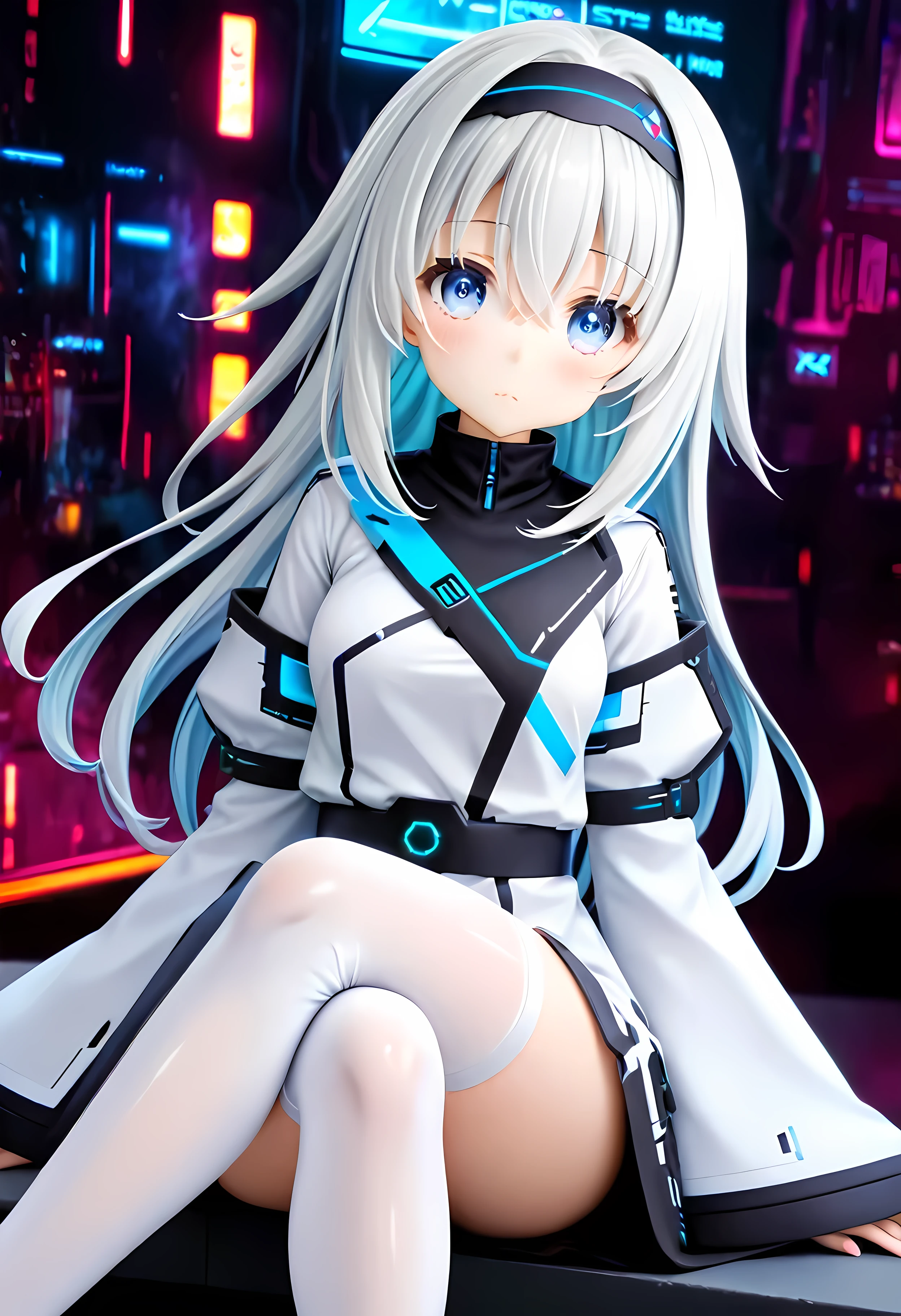 score_9, score_8_up, score_7_up,
arusu maria,1girl, solo, long hair, blue eyes, white hair,hair between eyes,white dress,white thighhighs, long sleeves, wide sleeves,black hairband, sit, crossed legs, bored, cyberpunk background, smartphone