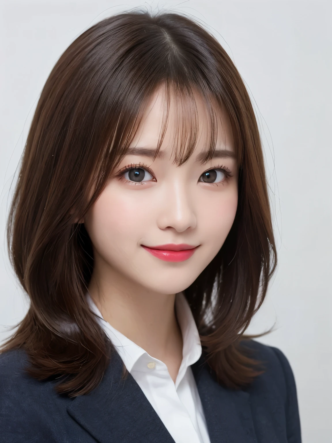 bust up photo, Shows everything from the top of the head to the bust, looks happy, white background, highest quality, shape, Super detailed, finely, High resolution, 8k wallpaper, Perfect dynamic shape, beautiful and detailed eyes, D cup, natural color lip,smile、20 year old girl, Beautiful and dense face、perfect and beautiful face,Big eyes、real photos(best image quality), Business Casual、looking at camera、Please stand、Do gal makeup