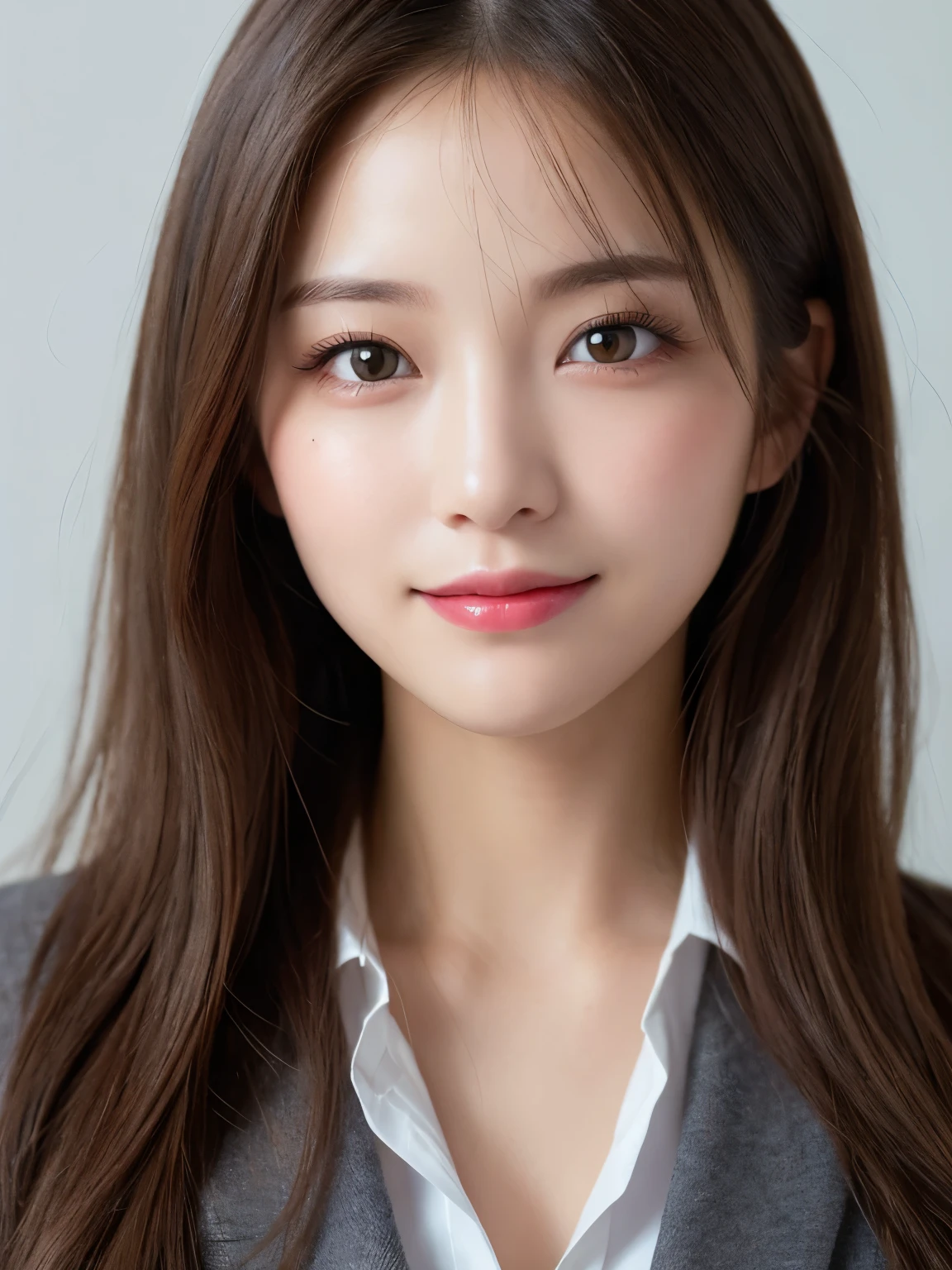 bust up photo, Shows everything from the top of the head to the bust, looks happy, white background, highest quality, shape, Super detailed, finely, High resolution, 8k wallpaper, Perfect dynamic shape, beautiful and detailed eyes, D cup, natural color lip,smile、20 year old girl, Beautiful and dense face、perfect and beautiful face,Big eyes、real photos（best image quality）, Business Casual、looking at camera、Please stand、Do gal makeup