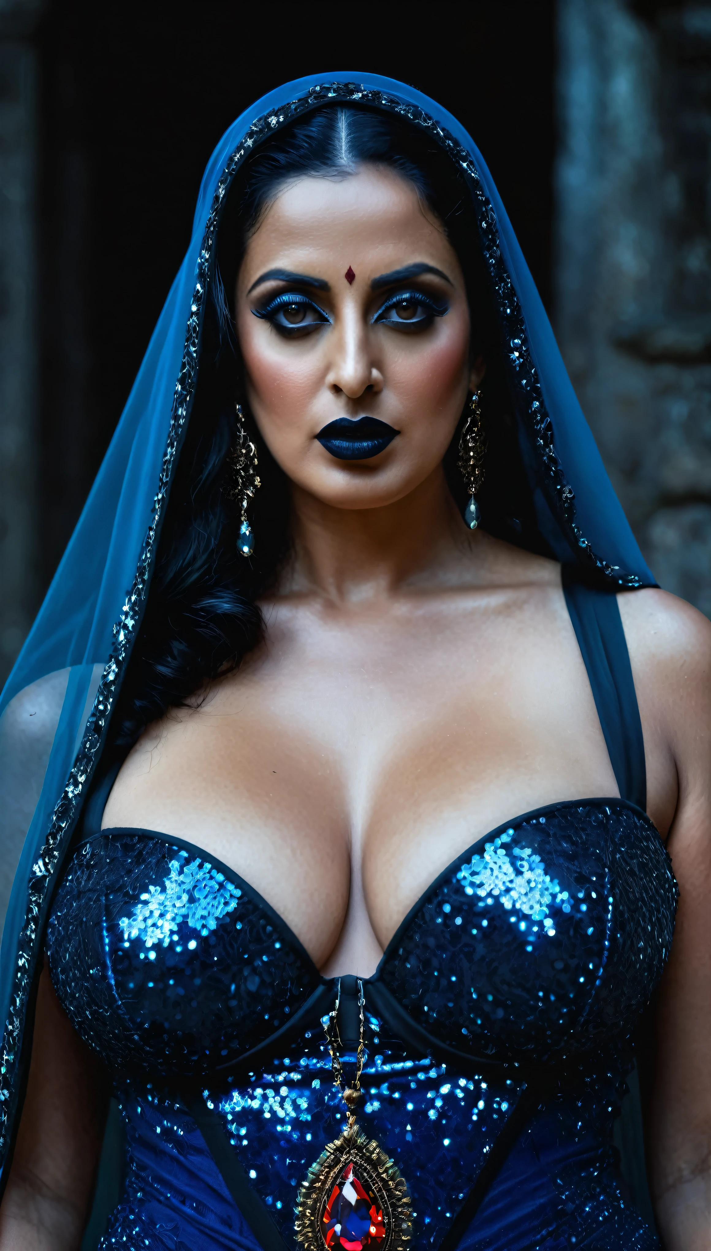 Looks like Mahie Gill, full body Closeup shot, Big chubby aunty, milf, cougar lady witch, horny Gothic milf,  80 years old gorgeous mature lady, pervert demoness, demoness of lust, curvy, black lips, horny face, extremely gorgeous, thick figure, heavy physique, voluptuous, curvy, sexy figure, Fashionable portrait of androgynous alien looking witch wearing veil, glowing eyes, futuristic design, minimal details, givenchy, photoreal, 200mm, hd, f/ 2.0, highly detailed, surreal, sexy beautiful evil woman, sexy bold sequin Saree with strapless Bra, chudail, Pishachini, horror genre, blood-thirsty enchantress, powerful female spirit, eerie, drop dead, in the style of red and blue, (intricate details, hyperdetailed:1.15) (skin texture:1.2), dark Moody tone, cinematic lighting, haunted place in background, 