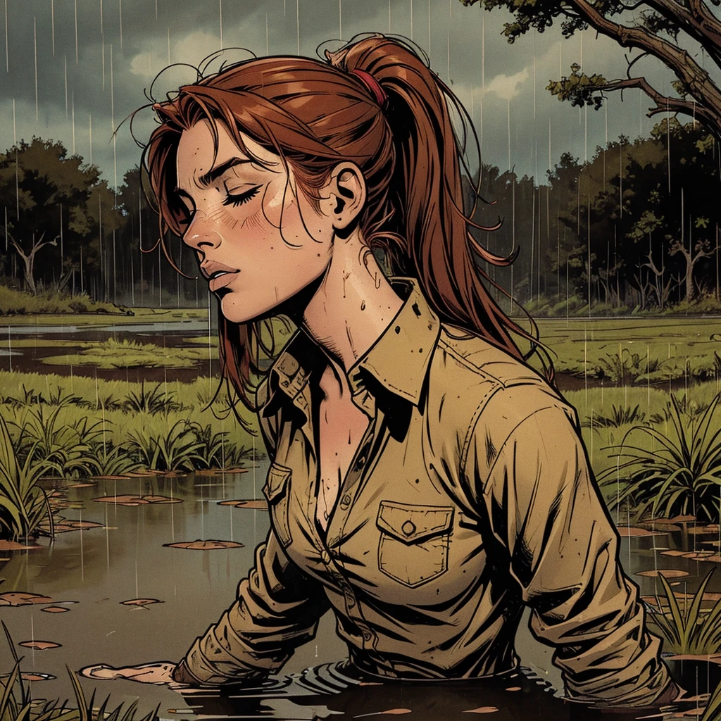 Comic style, solo girl, 1girl, Drowned in quicksand, swamp, bog, grass, tree, wearing unbuttoned flannel shirt, orgasming, looking up, eyes closed, from side, blush, muddy, messy, dirty, overcast weather, rain, red hair, Ponytail,
